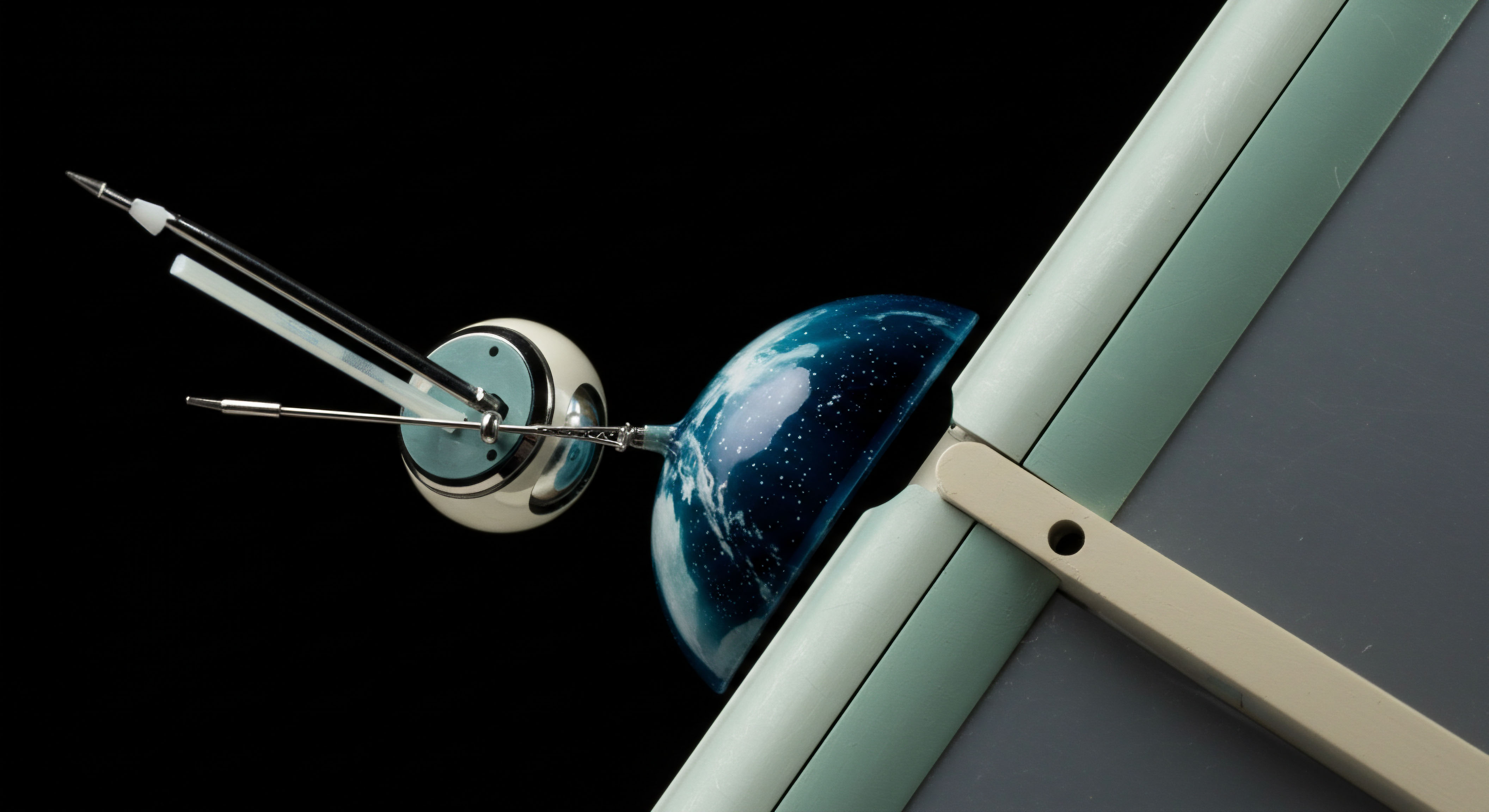 A highly stylized apparatus features an abstracted orbital mechanics representation connecting a sleek, metallic probe body, reminiscent of a Sputnik-era satellite, to a polished, dark blue, speckled terrestrial hemisphere suggesting Earth or a planetary token asset. This assembly interfaces mechanically with a beige and sage-colored structural hinge mechanism, perhaps symbolizing custody architecture or immutable ledger points. The visual metaphor strongly implies complex risk management involving cross-chain asset locking and derivative contract settlement outside traditional custodial exchange venues. Key concepts include volatile asset pegging synthetic collateral realization and immutable smart contract execution safeguarding off-chain simulated exposure against potential liquidation cascades or systemic DeFi insolvency events demanding robust collateral management protocols.