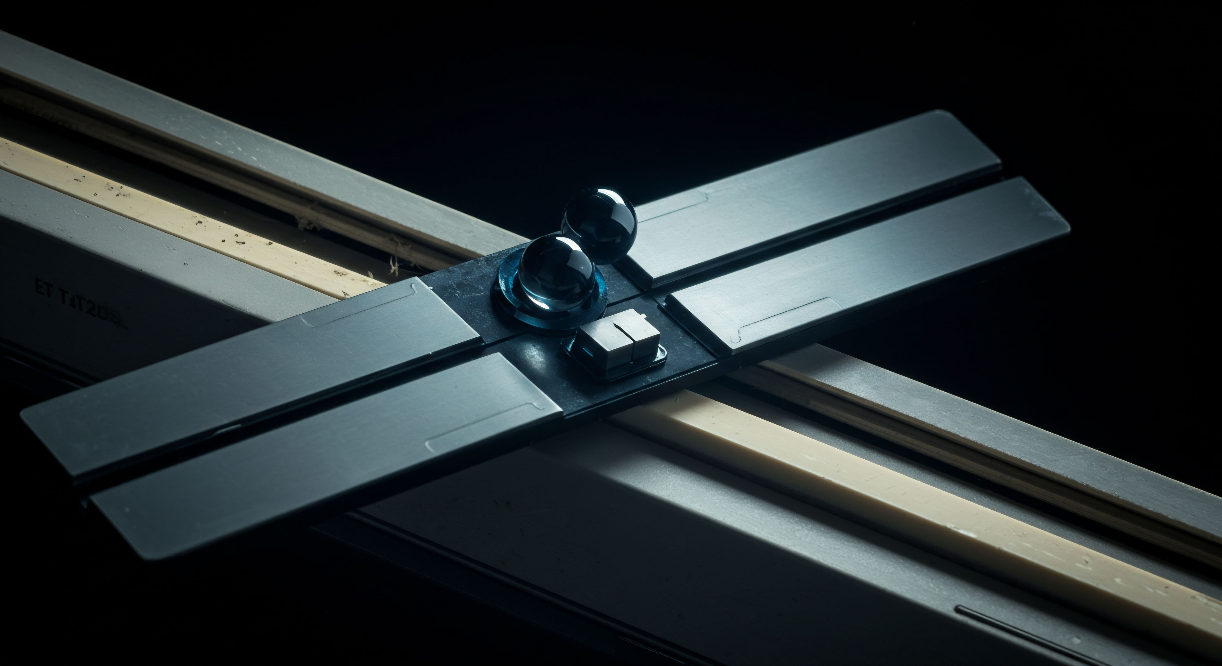 The metallic structure overlays a foundation featuring linear beige strips suggesting guided pathways or rails, possibly modeling a digital ledger or state machine progression. Two prominent, polished dark orbs rest on a central matte module, visually abstracting complex mathematical concepts like stochastic volatility modeling or Black Scholes parameters intrinsic to exotic options pricing. A small cubic element sits adjacent, perhaps representing a discrete time step or a collateralized debt position. This arrangement evokes the rigorous, structured environment required for managing risk in high-frequency crypto derivatives markets, specifically illustrating the precision needed for calculating implied volatility skew or determining strike price adjustments within layered governance protocols and off-exchange liquidity mechanisms. The interplay of light and shadow emphasizes the opacity often surrounding dark pool executions in synthetic asset trading.