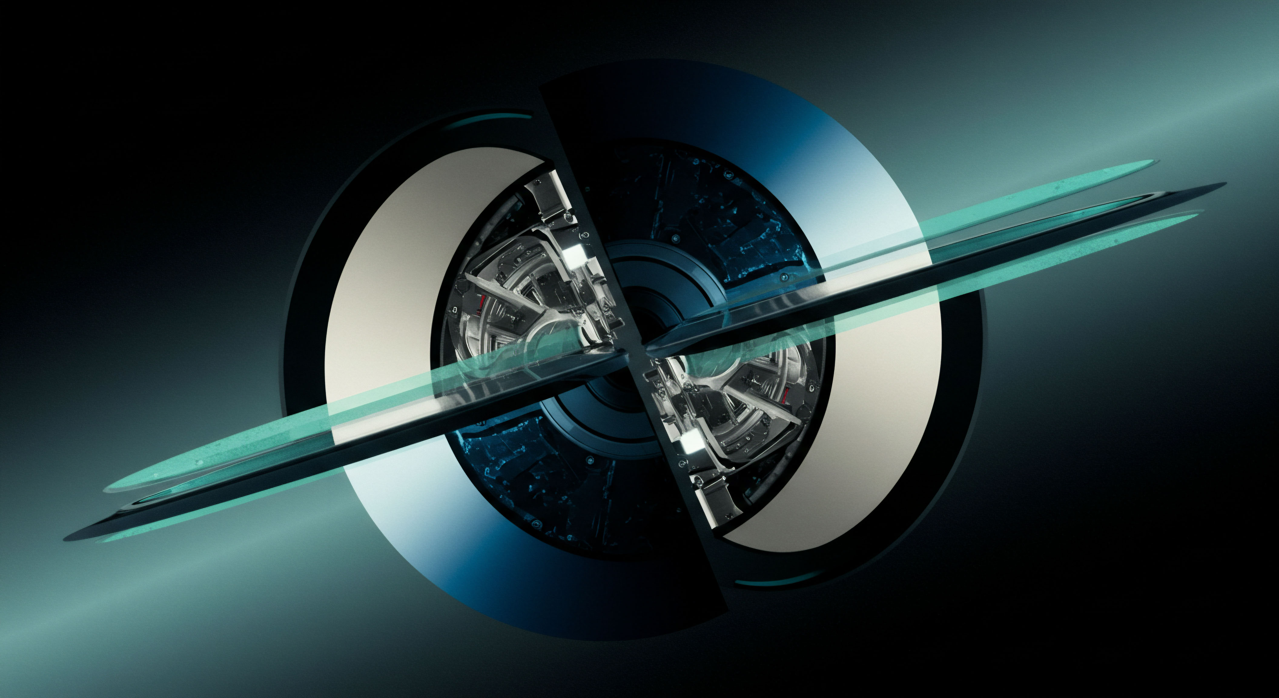 This abstract rendering depicts a complex mechanism suggestive of high-frequency crypto trading infrastructure or quantum-resistant ledger technology integration. Two razor-thin, cyan-tinged orbital planes intersect a segmented, internally detailed torus revealing intricate metallic structures indicative of automated validation nodes or liquidity pool orchestration. The visual metaphor strongly implies the precise execution of non-custodial derivatives clearing via smart contract arbiter logic. Keywords integral to this representation include layered consensus mechanisms exotic options structures volatility surface calibration atomic swaps governance tokens and cross-chain interoperability protocols for decentralized perpetual futures exchanges. The composition emphasizes synthetic asset creation derived from underlying blockchain data streams.