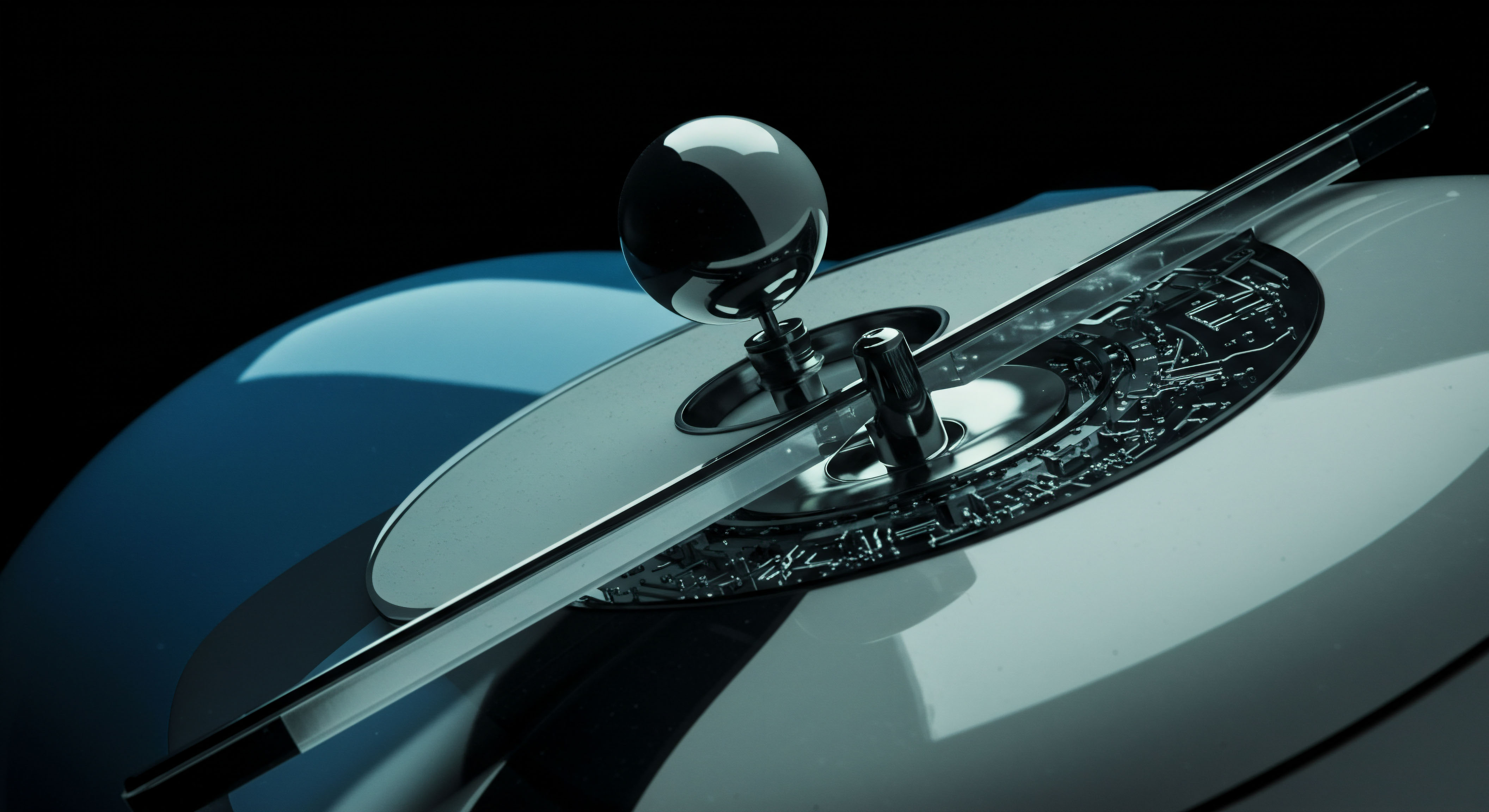 The image portrays a highly polished, complex metallic assemblage, reminiscent of a circuit board etched onto a convex automotive surface, possibly representing an interface for high-frequency trading execution. A central chrome sphere and streamlined metallic arm suggest a control nexus or perhaps a specialized hardware wallet key management system. This visual metaphor encapsulates the intricate engineering required for decentralized finance protocols interfacing with legacy financial systems, such as executing complex delta-hedging strategies for volatile options positions on perpetual swaps. The intricate etching implies the underlying smart contract architecture securing digital asset collateralized debt obligations or synthetic asset replication, demanding rigorous algorithmic precision mirroring high-level quantitative analysis in options pricing models like Black Scholes adjusted for crypto volatility skew. The juxtaposition of smooth, curved surfaces and sharp metallic detail evokes the delicate balance between systemic risk and high-yield portfolio management within emergent DeFi landscapes, involving efficient market hypothesis testing against on-chain governance outcomes.