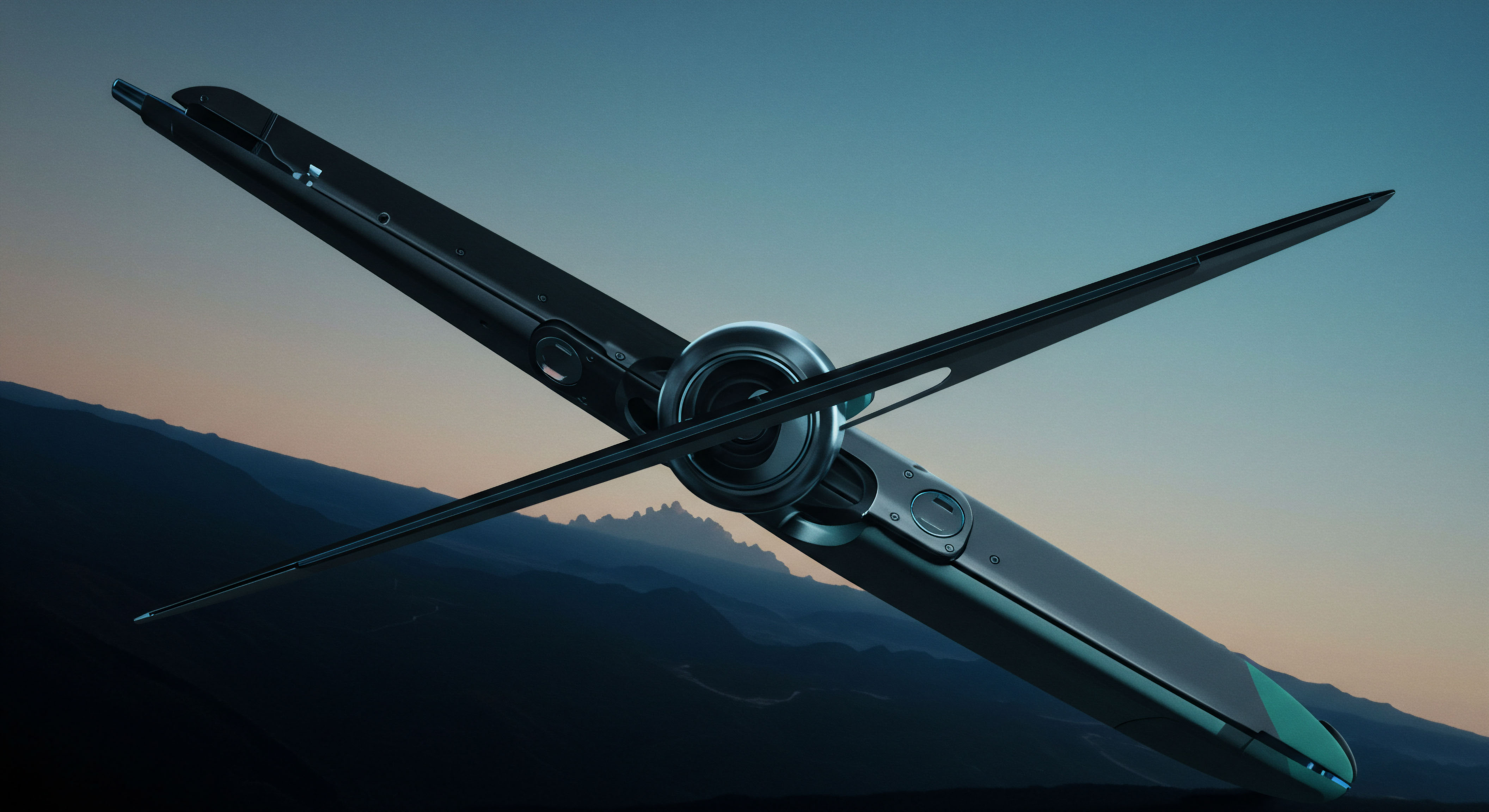 A sleek, dark, angular metallic structure unfolds against a twilight sky above shadowed mountain ranges, suggesting emergent technological constructs in volatile markets. This design evokes the complex geometry of options payoff diagrams like the butterfly spread or condor structure viewed dynamically. The central nexus symbolizes a critical execution node or the central clearinghouse mechanism in decentralized finance DeFi protocols. Blades extending outward represent diverging capital deployment vectors or speculative hedging strategies against underlying asset volatility, perhaps modeling implied volatility surfaces. The blue-green luminescence hints at successful smart contract execution or favorable arbitrage capturing ephemeral market efficiencies across various ledger platforms. This visualization embodies the high-leverage, symmetrical risk profile inherent in perpetual swaps and complex structured products within decentralized exchanges DEX environments.