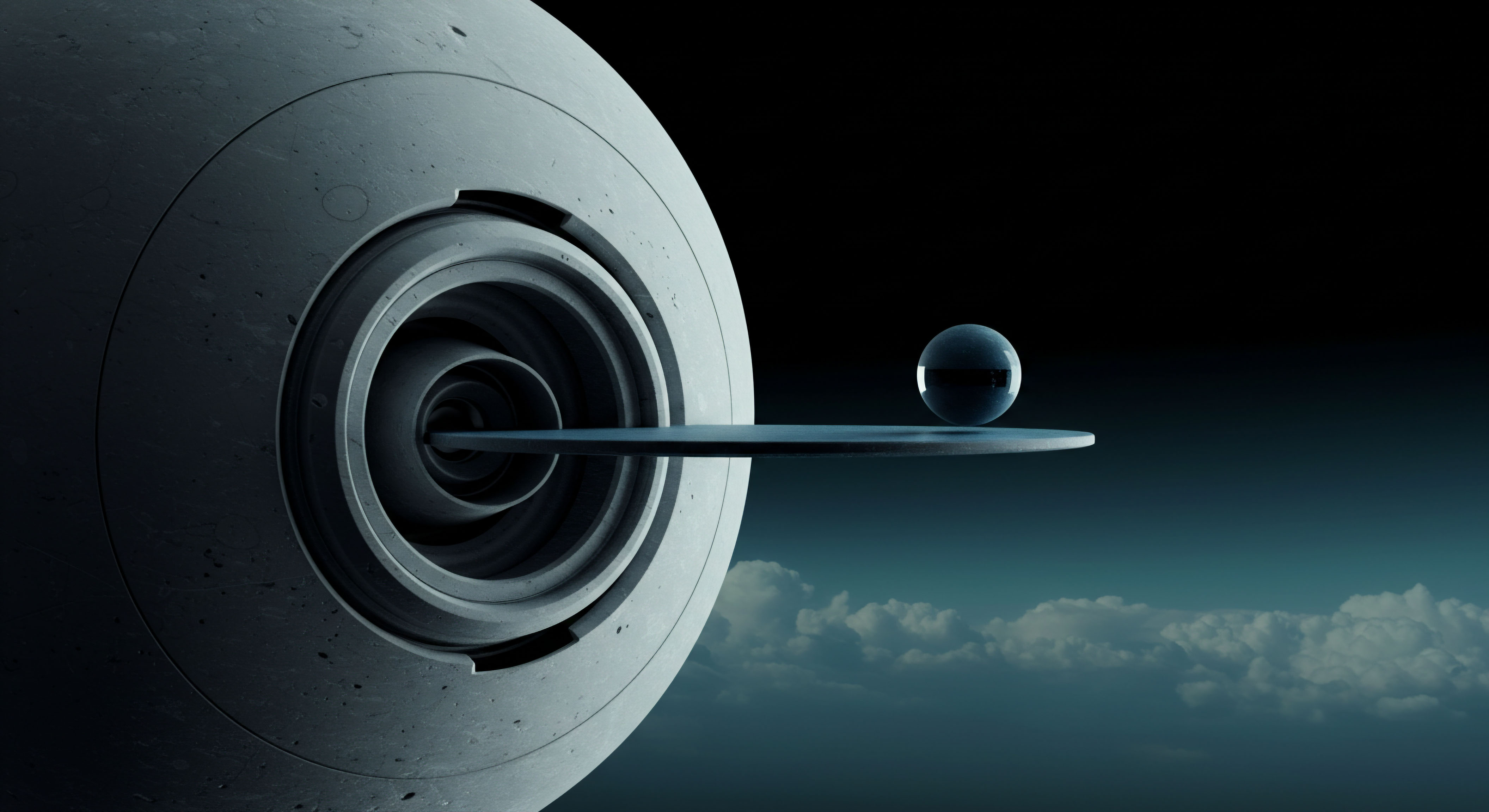 A highly textured, monolithic sphere featuring concentric receding geometric layers dominates the left frame, suggesting immutable blockchain architecture or a genesis block. A thin, perfectly balanced planar structure extends horizontally from this core, supporting a singular, highly reflective, dark cryptographic asset representation resembling a perfectly weighted option contract. The dark void above contrasts sharply with the teal-tinged atmospheric layers below, mimicking the perceived risk/reward asymmetry in perpetual futures trading. This visual metaphor speaks to the delicate calibration required for maintaining delta-neutrality across complex derivative payoff structures and the inherent instability of on-chain governance when facing external market shocks. Keywords include: stochastic volatility surface implied mean reversion at the money forward liquidity vacuum arbitrage simulation dark pool settlement.