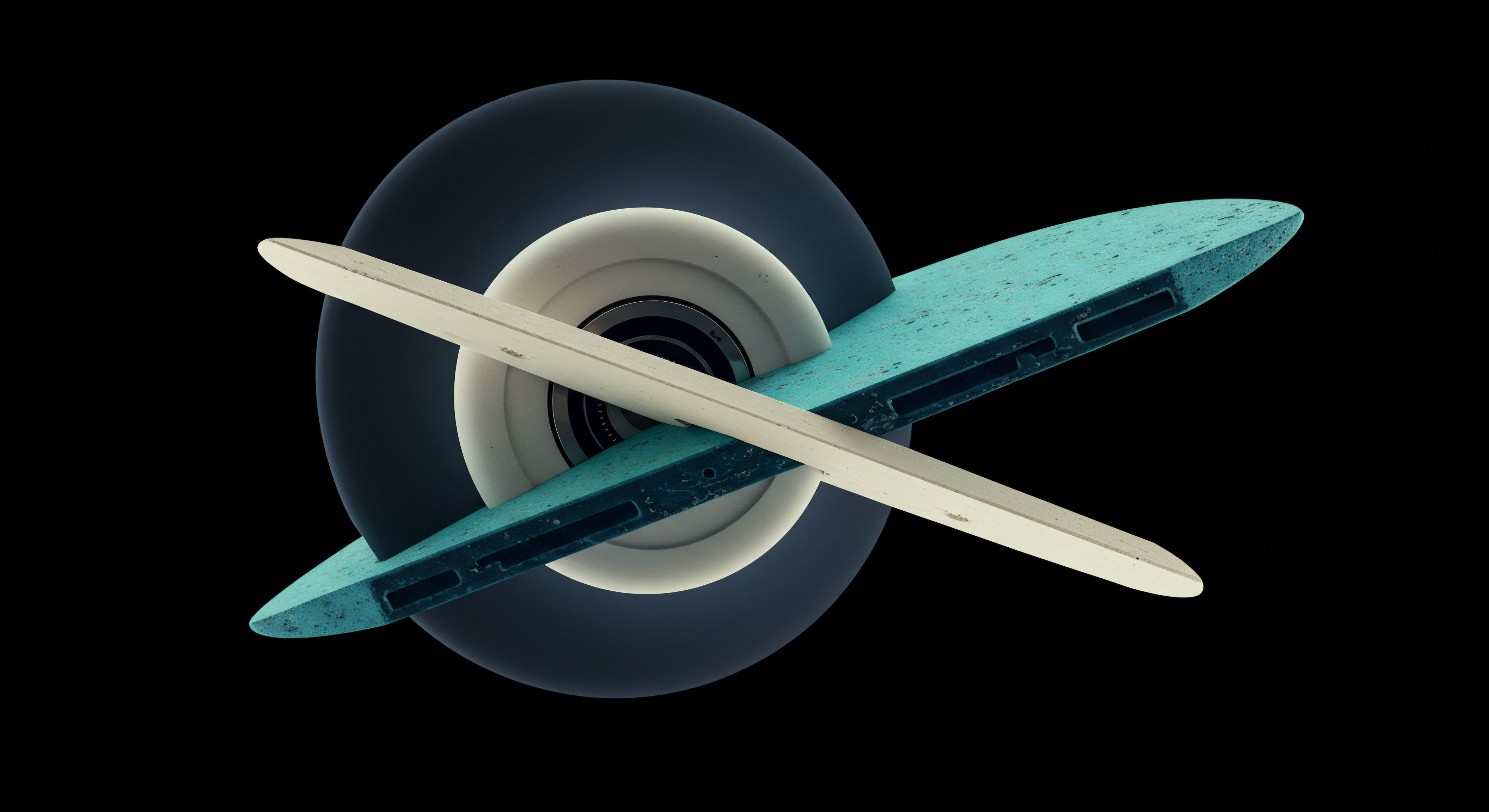 This abstract composition features intersecting oblong forms resembling electric skateboard footpads overlaid upon a stylized singular wheel mechanism indicative of a OneWheel device, set against an absolute black void simulating deep space or zero-collateral margin. The turquoise and cream elements suggest a dichotomy, perhaps representing underlying spot asset volatility contrasting with synthetic synthetic option premiums. The structure visualizes the delicate balance required in perpetual futures trading strategies or dynamic automated market maker rebalancing, demanding precise execution of stop-loss or take-profit orders to maintain equilibrium against systemic risk factors like oracle failure or flash loan exploits. The central hub suggests the core ledger or smart contract architecture underpinning decentralized finance governance mechanisms.