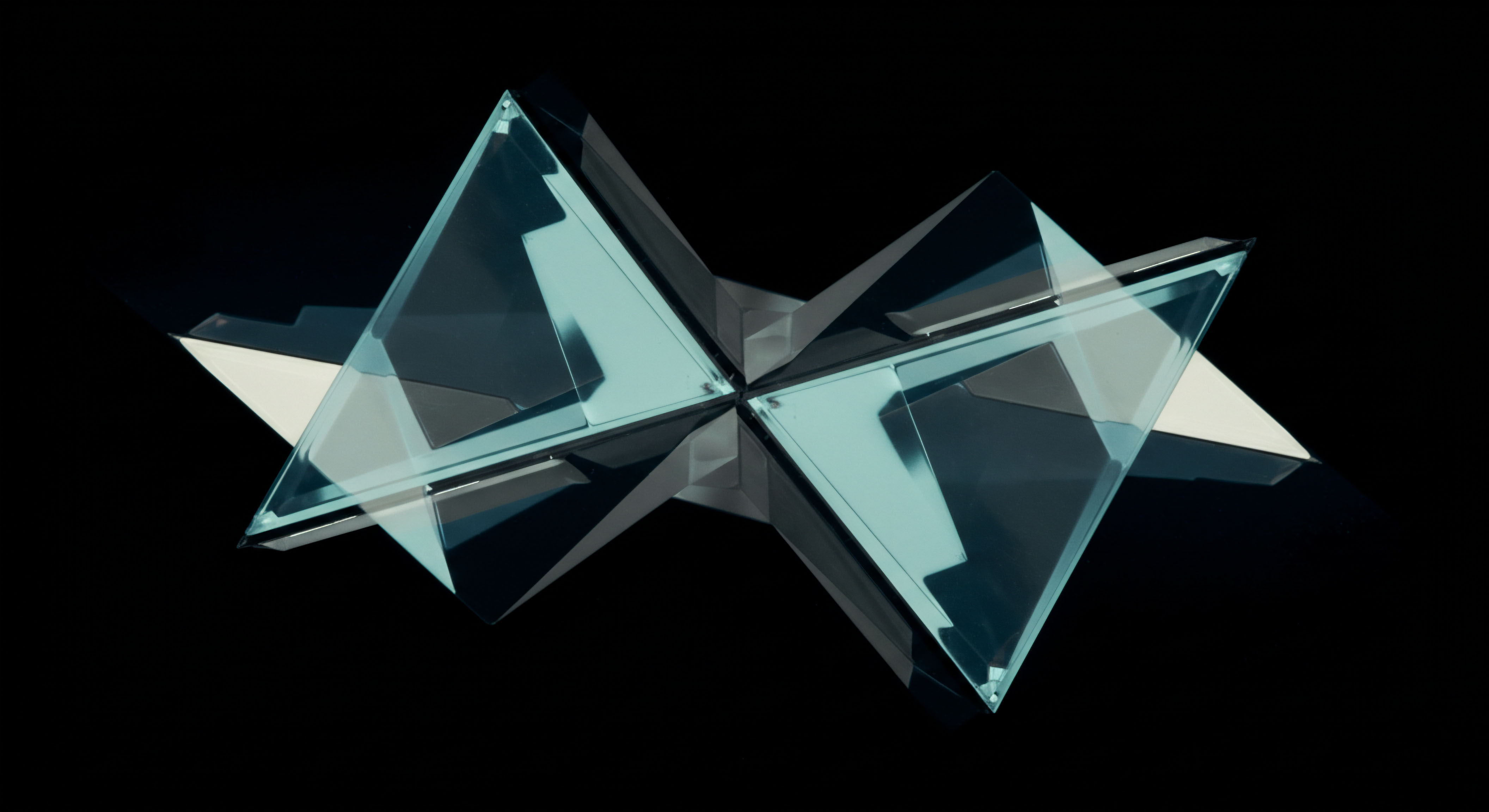 Four intersecting, translucent cyan polyhedrons form a central nexus against an absolute black void, suggestive of structured volatility. This configuration visually represents the complex topology of decentralized finance derivatives clearing mechanisms. The sharp, reflective facets embody smart contract execution rigidity against fluid market depth. Specifically, this structure models an abstracted four-sided perpetual futures basis convergence, where counterparty risk netting requires precise algorithmic arbitration. Key concepts include implied volatility surface deformation gamma exposure management and non-custodial collateral structuring inherent in robust layer-two scaling solutions. The light refraction mirrors the slippage dynamics in AMM pool rebalancing post-large notional settlement.