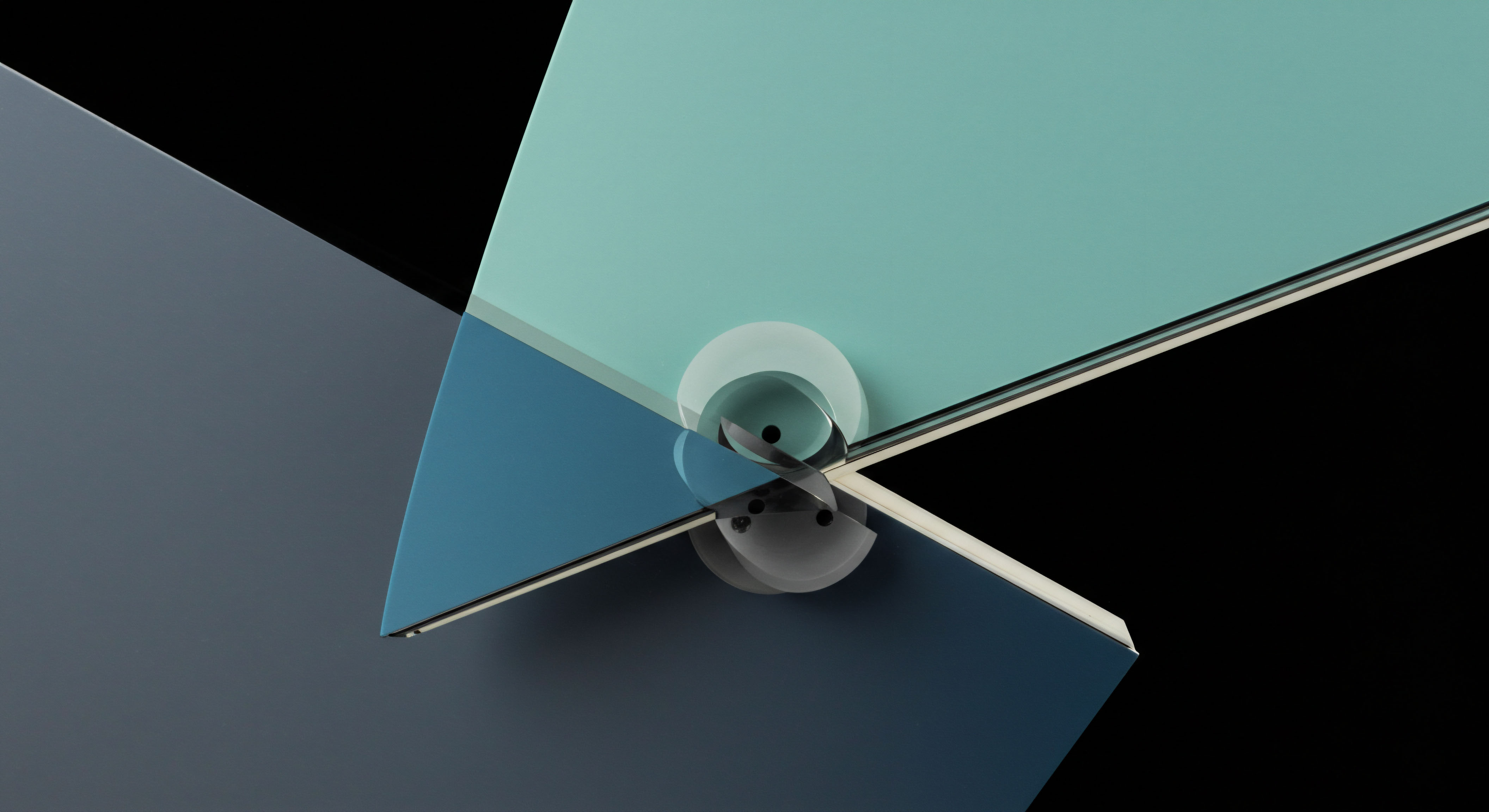 This abstract composition features overlapping planar surfaces in muted teal blue and deep slate gray intersecting against a void background, centered around a transparent, spiraled pivot mechanism resembling a complex bearing or multi-sig nexus. The visual metaphor suggests the dynamic equilibrium inherent in decentralized finance mechanisms where layered smart contracts govern asset movement. Key concepts illuminated include collateralization ratios within DeFi lending protocols, the geometry of perpetual swaps settlement, and the non-custodial execution of complex algorithmic hedging strategies. The interaction implies the binding nature of embedded options contracts secured by underlying token reserves, demonstrating intricate governance mechanics crucial for robust decentralized exchanges RFQ processes. This structure encapsulates volatility skew modeling applied to digital security futures.