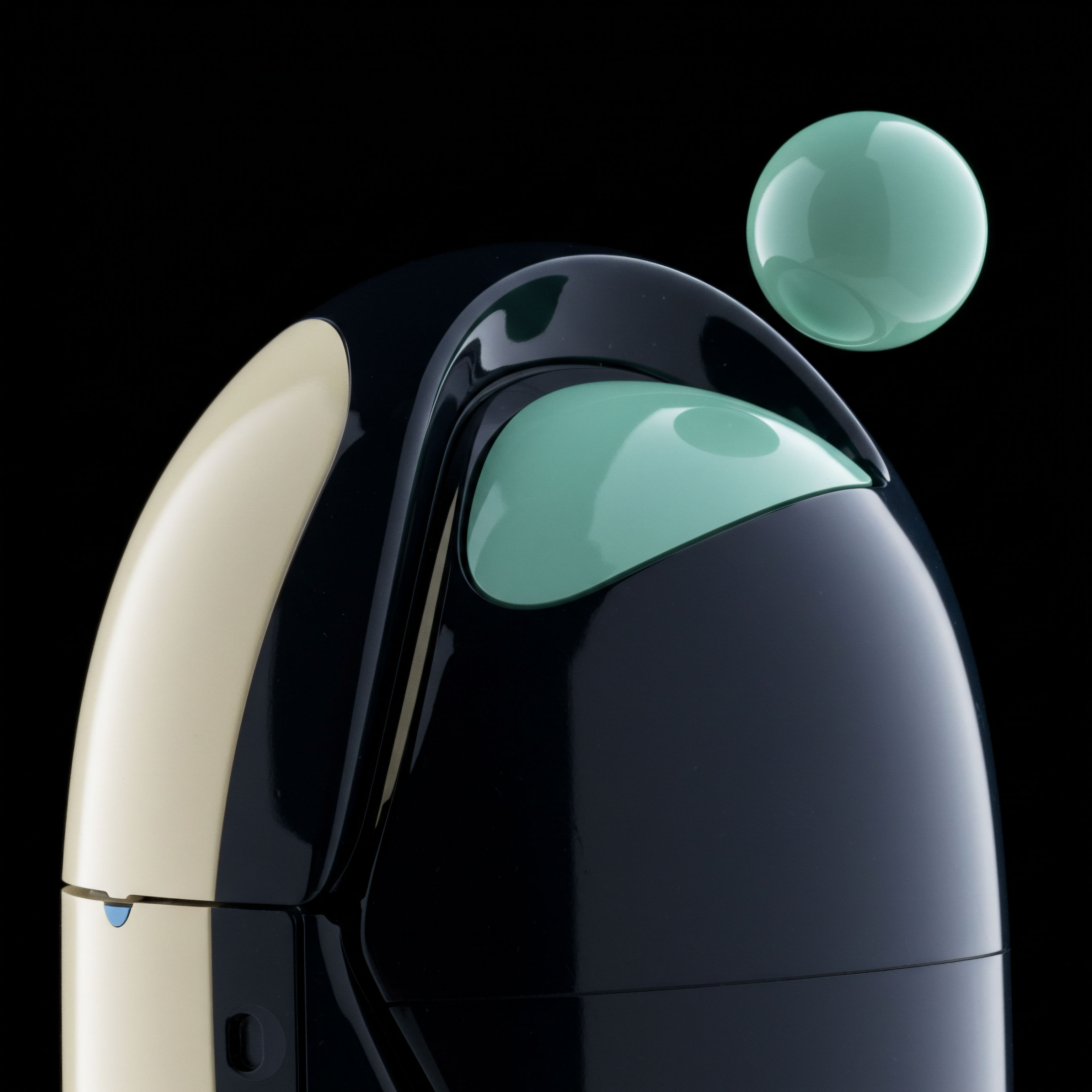 A highly polished, curvilinear object predominantly deep obsidian black with accents of pale cream and a luminous, translucent seafoam green visor suggests shielded opaque ledger architecture. This visual configuration symbolizes the impenetrable security layer of a Decentralized Finance DeFi governance structure executing complex smart contract settlements. The floating teal sphere mirrors the external volatility index tracking real-time liquidity provision within Automated Market Maker AMM pools. This juxtaposition embodies the secured on-chain state versus ephemeral off-chain market risk assessment pertinent to exotic derivatives valuation like perpetual swaps across blockchain consensus mechanisms. Key operational concepts include finality confirmation deterministic state transitions and collateralization ratios.