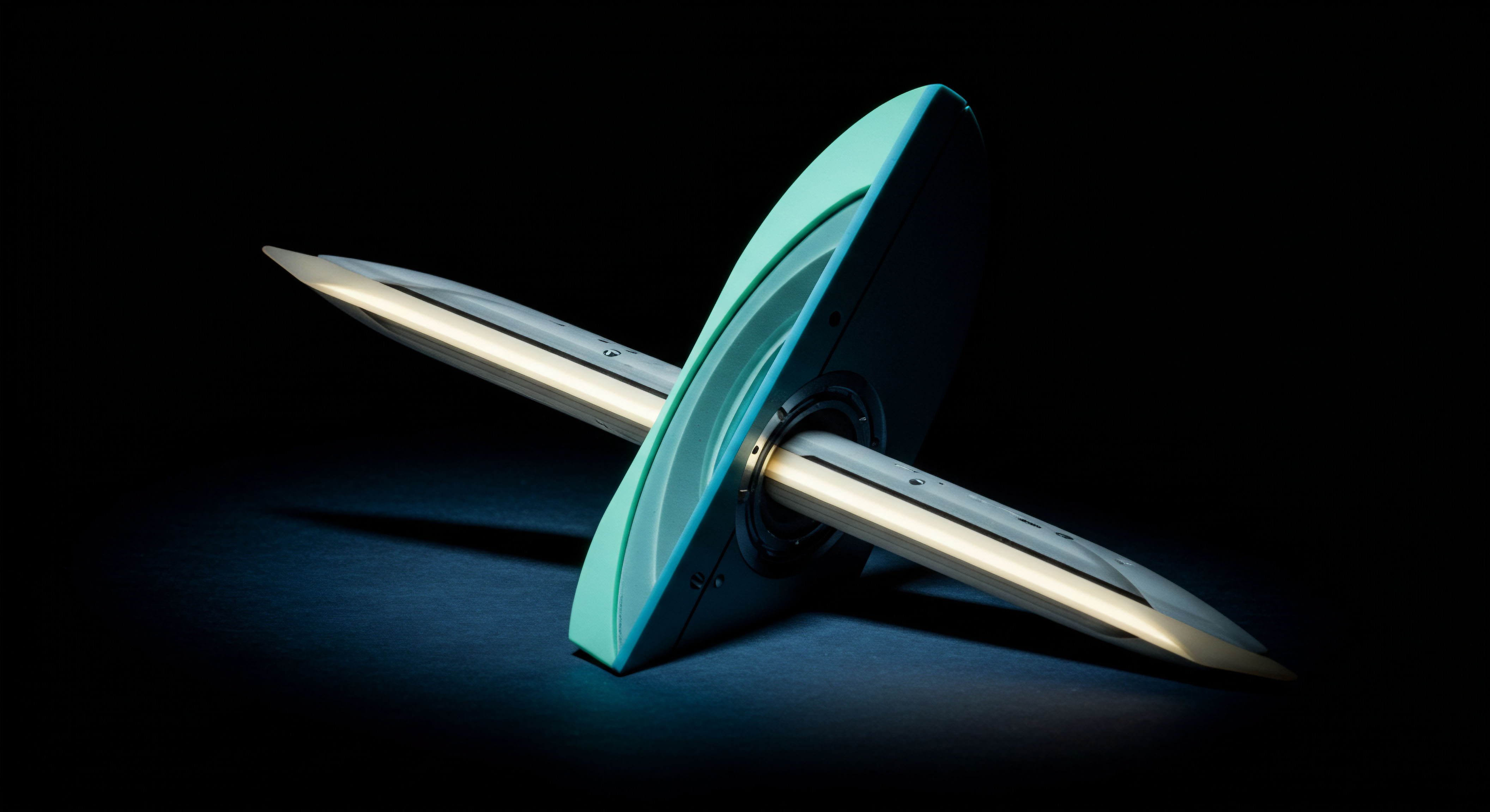 The central structure exhibits perpendicular, glowing linear elements intersecting within a smooth, cyan-edged housing, symbolizing the convergence of market forces in complex instrument pricing. This visual metaphor captures the non-linear mechanics of structured products like exotic options embedded within DeFi protocols. Specifically, the intersecting light paths resemble the intrinsic value realization curve against varying underlying asset volatility, perhaps modeling a specific payoff diagram for a digital asset basket option. The sharp, illuminated tips suggest high-leverage points akin to delta hedging adjustments on a perpetual futures contract or the critical strike price evaluation for a knock-in barrier derivative. The dark background emphasizes the isolation of this financial mechanism, relevant to opaque on-chain liquidity pool dynamics and automated market maker slippage management in high-frequency trading environments.