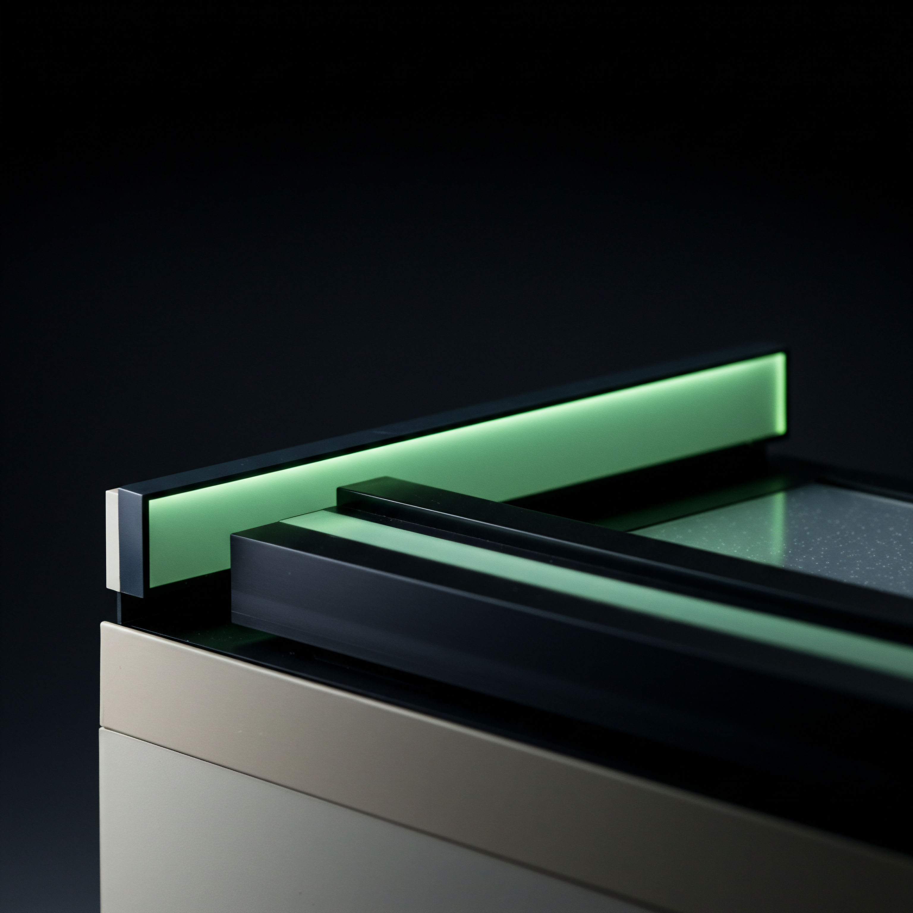 This visual abstraction represents the secure, layered architecture inherent in high-frequency smart contract settlement for over-the-counter options valuation. The stark contrast between the matte black structural elements and the lime green electroluminescence suggests atomic swaps processing efficiency across a distributed ledger technology fabric. The granular texture visible on the lower reflective surface hints at underlying on-chain governance data structures or perhaps encrypted key material securing complex financial derivatives positions. This design ethos embodies the precision required for accurate delta hedging within perpetual swaps management on a permissionless exchange protocol, emphasizing transparency in liquidity provisioning mechanisms. The focused lighting signifies regulatory visibility on the immutable audit trail of DeFi transactions.