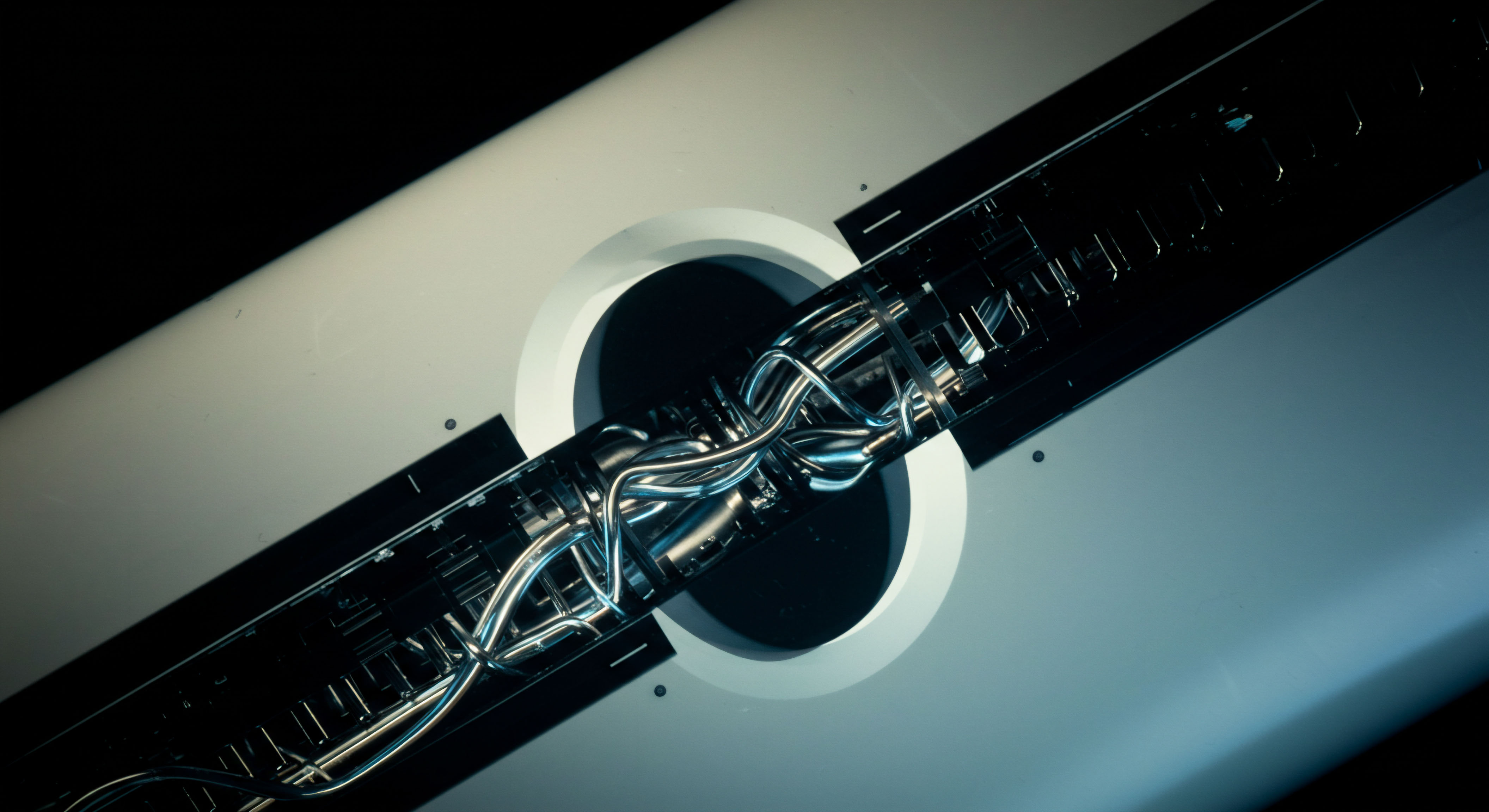 This abstract visualization depicts internal infrastructure signifying complex system interlinkages crucial for decentralized exchange operations. Tangled, silvery conduits suggest robust data transmission pathways underpinning synthetic asset creation and perpetual swap mechanisms. The clean, angular housing contrasts with the chaotic central nexus illustrating the delicate balance between structured market architecture and volatile on-chain execution flow inherent in DeFi yield strategies. Specific metallic tubing symbolizes secure private key management interfacing with smart contract deployment via Layer 2 scaling solutions. The dark, recessed area implies deep liquidity pools and potential slippage risks encountered during large notional volume execution across aggregated order books, reflecting the need for efficient cross-chain bridging protocols.