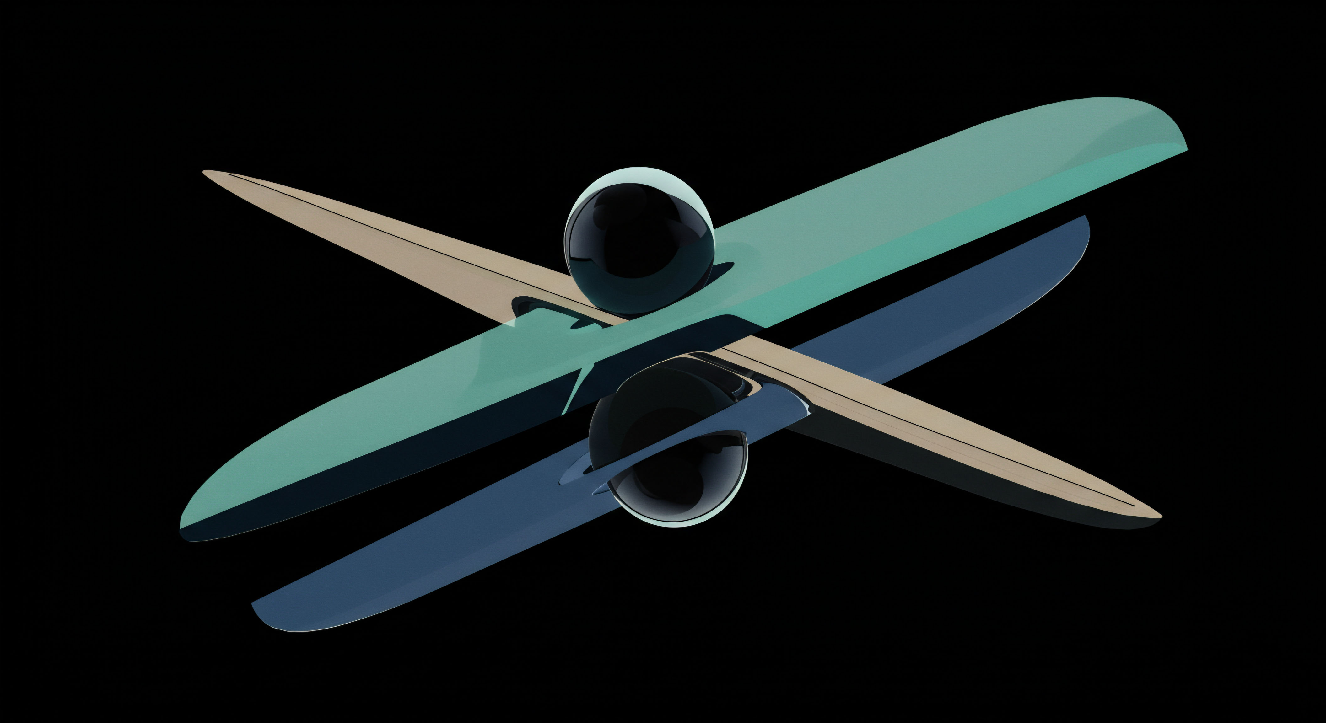 This abstract visualization depicts two sets of intersecting, sleek, curvilinear blades suggesting opposing market forces or hedged exposures across two temporal axes. Two highly reflective, dark orbs are centrally positioned, interacting with the overlapping planar surfaces representing derivative contracts. The composition evokes the geometric interpretation of complex financial structures like dual exchange-traded option positions or the interplay between spot and perpetual futures curves. The interplay suggests dynamic delta-neutral hedging strategies balancing long volatility exposure against short vega premium capture within a decentralized finance ecosystem, visualizing collateralized stablecoin flows anchoring synthetic asset creation across layered liquidity pools. This abstraction models risk parity allocation across asymmetric trade structures.