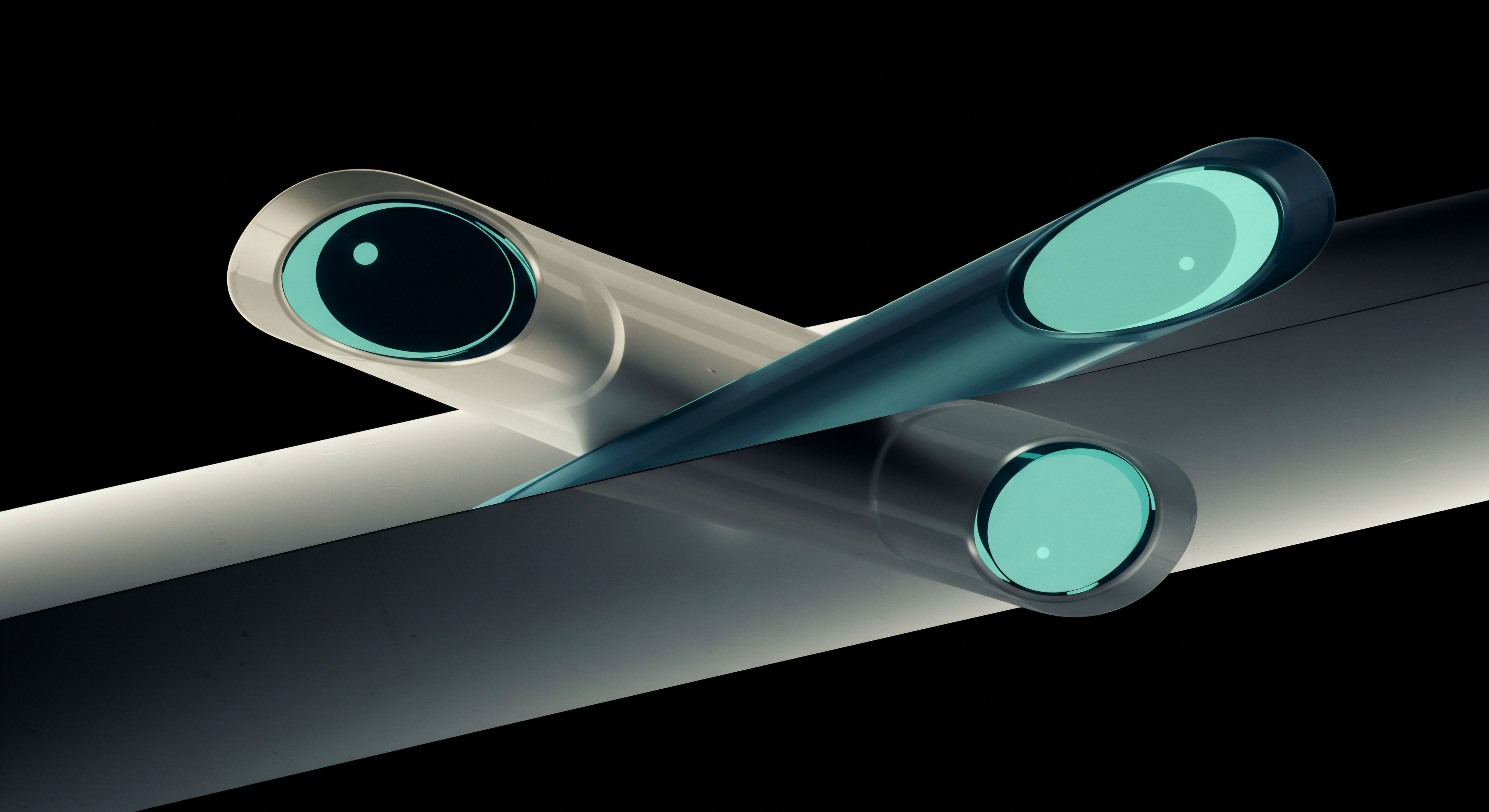 This abstract visualization depicts three intersecting, tubular structures set against absolute blackness suggesting deep market stratification. The surfaces exhibit polished metallic sheens, one light silver, another deep cyan, conveying disparate asset classes or liquidity tiers. The elliptical termini glow with an internal aquamarine luminescence, perhaps symbolizing validated settlement layers or immutable block data structures. This structure reflects complex decentralized finance architecture, specifically manifesting as stacked liquidity provisioning within cross-margined futures perpetual swaps executed via automated market maker protocols. The visual tension suggests the non-linear dynamics of implied volatility surfaces influencing strike price determination for synthetic collateralized debt positions.