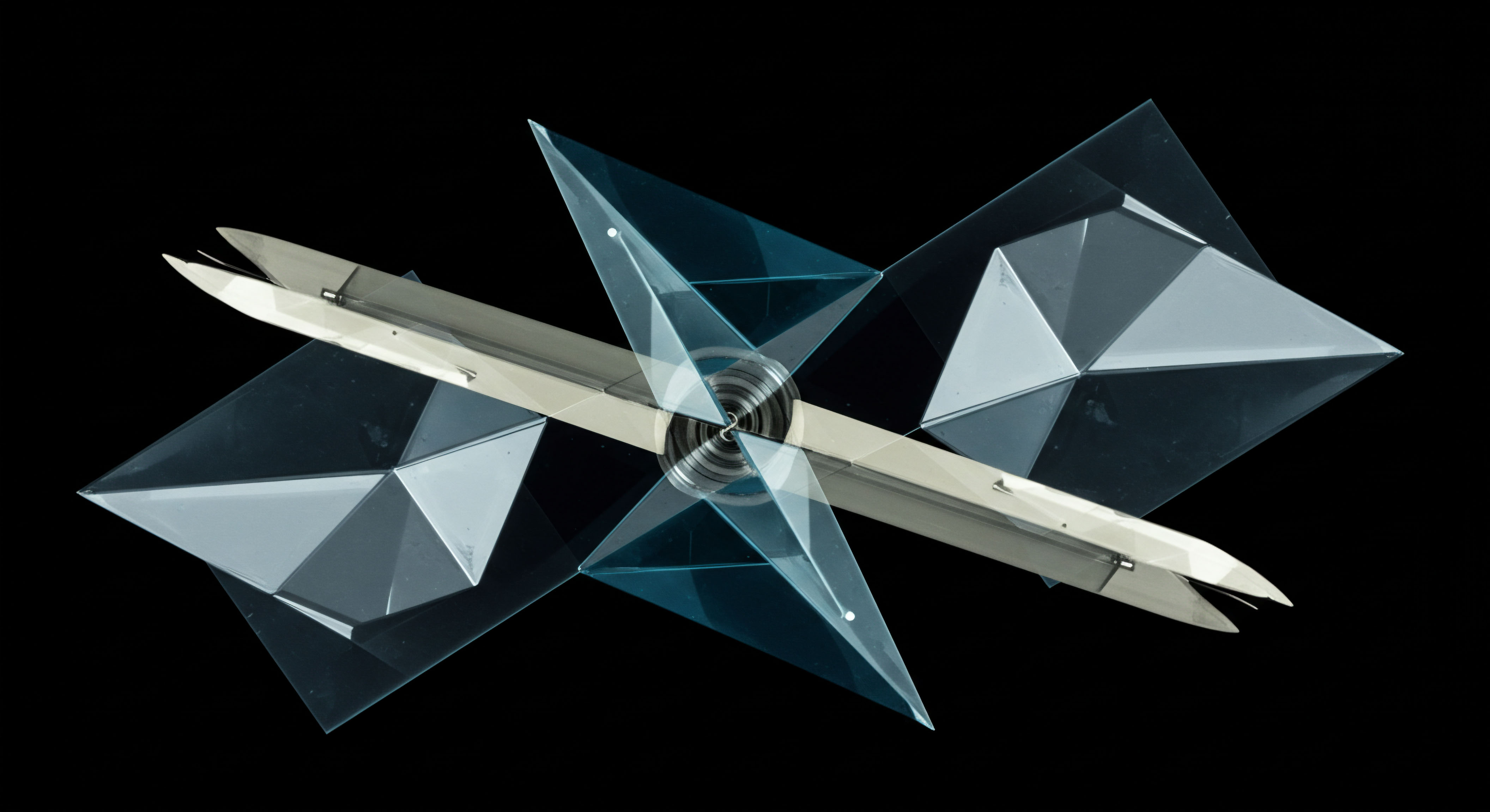 This complex structure displays metallic linear elements intersected by translucent, folded acrylic planes forming sharp, planar tetrahedrons suggesting complex geometric stratification. The central metallic hub, resembling a coiled spring or a precision bearing, anchors the symmetrical divergence of the structure, evoking the intricate architecture of perpetual options contracts. The visual juxtaposition of sharp metallic points against the ethereal blue tint of the crystalline elements mirrors the delicate equilibrium required for successful liquidity provision in decentralized finance mechanisms. It symbolizes the execution pathway for dynamic delta hedging across high-frequency synthetic asset replication, particularly concerning gamma exposure in exotic option structures where inherent risk premia necessitate geometric risk management across diverse asset correlation matrices. This abstract device embodies the necessary structural resilience against rapid token price discovery volatility impact assessments.