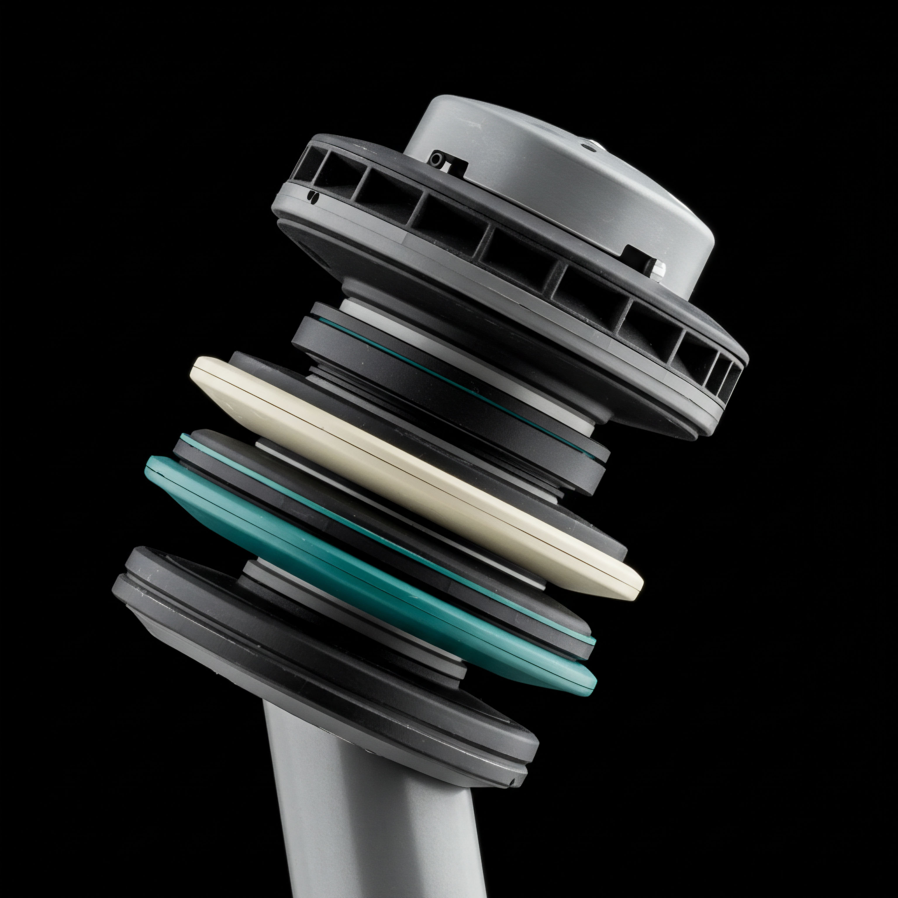 This abstract visualization depicts layered synthetic components suggesting an intricate mechanism perhaps modeling a multi-stage DeFi protocol or complex derivatives contract structure. The staggered, segmented discs of varying shades of gray, beige, and teal evoke stacked liquidity pools or iterated margining layers inherent in sophisticated decentralized finance engineering. These components might represent various tranches of collateralized debt positions or sequential execution stages within an over-the-counter options desk facilitating non-linear payoff structures. The central axis implies a unified underlying asset flow, analogous to a core crypto asset underpinning synthetic futures or perpetual swap settlements requiring robust on-chain arbitration for slippage minimization and guaranteed execution thresholds across disparate spot markets. The entire assembly suggests the precise engineering required for high-frequency crypto option market making involving delta hedging strategies.