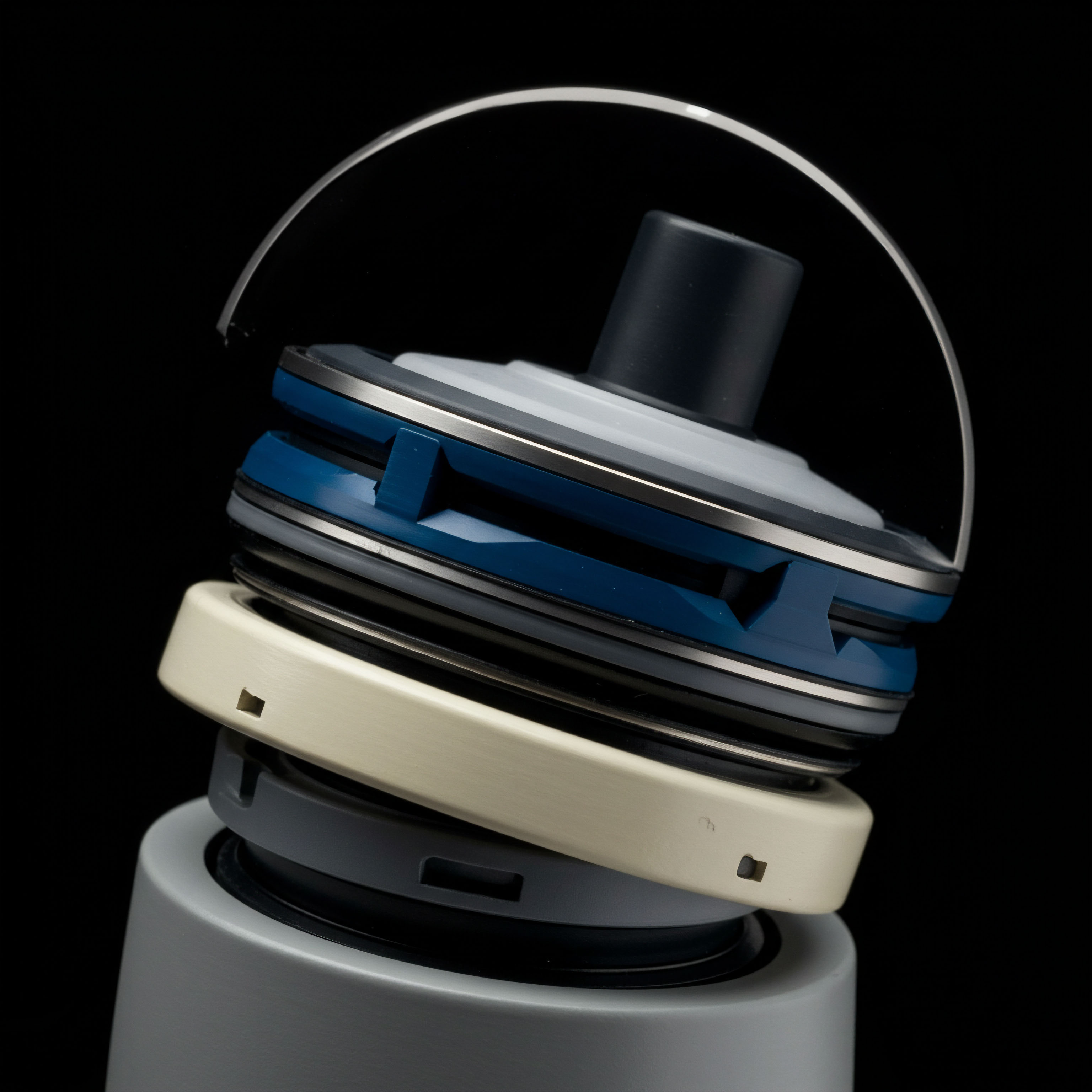 Exposed cross section of high precision sealing mechanisms featuring blue and beige polymer components stacked atop a gray base suggests intrinsic protocol architecture. This visually represents the layered complexity of bespoke smart contract execution environments underpinning over the counter derivatives pricing models in decentralized autonomous organizations. The thin metallic arc subtly curves over the assembly mirroring the potential trajectory of a volatility surface movement impacting complex option payoff structures. Analyzing these interlocking seals mirrors dissecting delta hedging strategies against impermanent loss risks inherent in liquidity provisioning for novel crypto asset structured products where precision engineering equates to risk parity maintenance across margin calls and collateralization ratios.