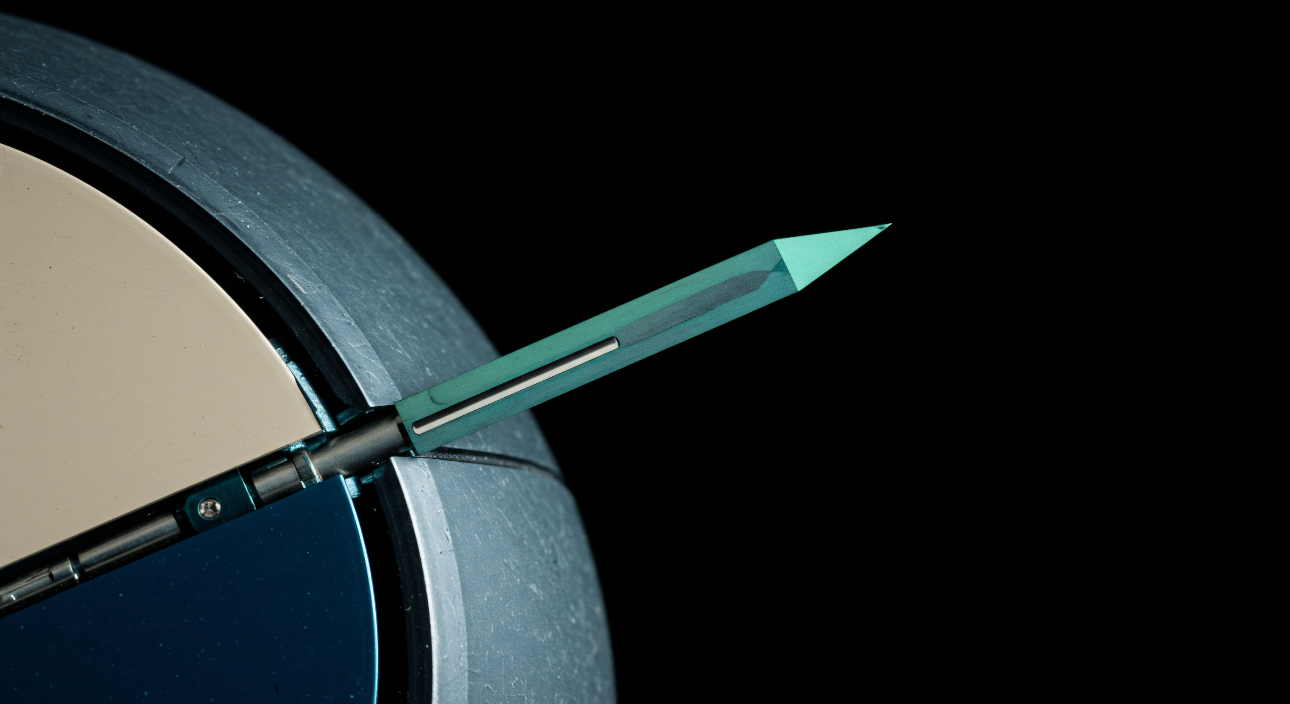 A macro view captures a glowing cyan crystalline element resembling an arrow or stylus protruding from a segmented mechanical base set against absolute black. This structure metaphorically represents the precise trajectory of a decentralized finance native asset's emission schedule, potentially signifying controlled unlock mechanics. The opaque inner structure suggests locked liquidity pools or non-transferable escrowed staking rewards subject to a vesting cliff. This precision symbolizes transparent smart contract execution governing options expiry mechanics and calculating underlying asset volatility skew. The sharp tip projects forward embodying aggressive market entry or preemptive strike capability in high-frequency decentralized exchange arbitrage strategies involving perpetual futures contracts. Deep understanding of these time-locked mechanisms informs risk management concerning systemic counterparty exposure.