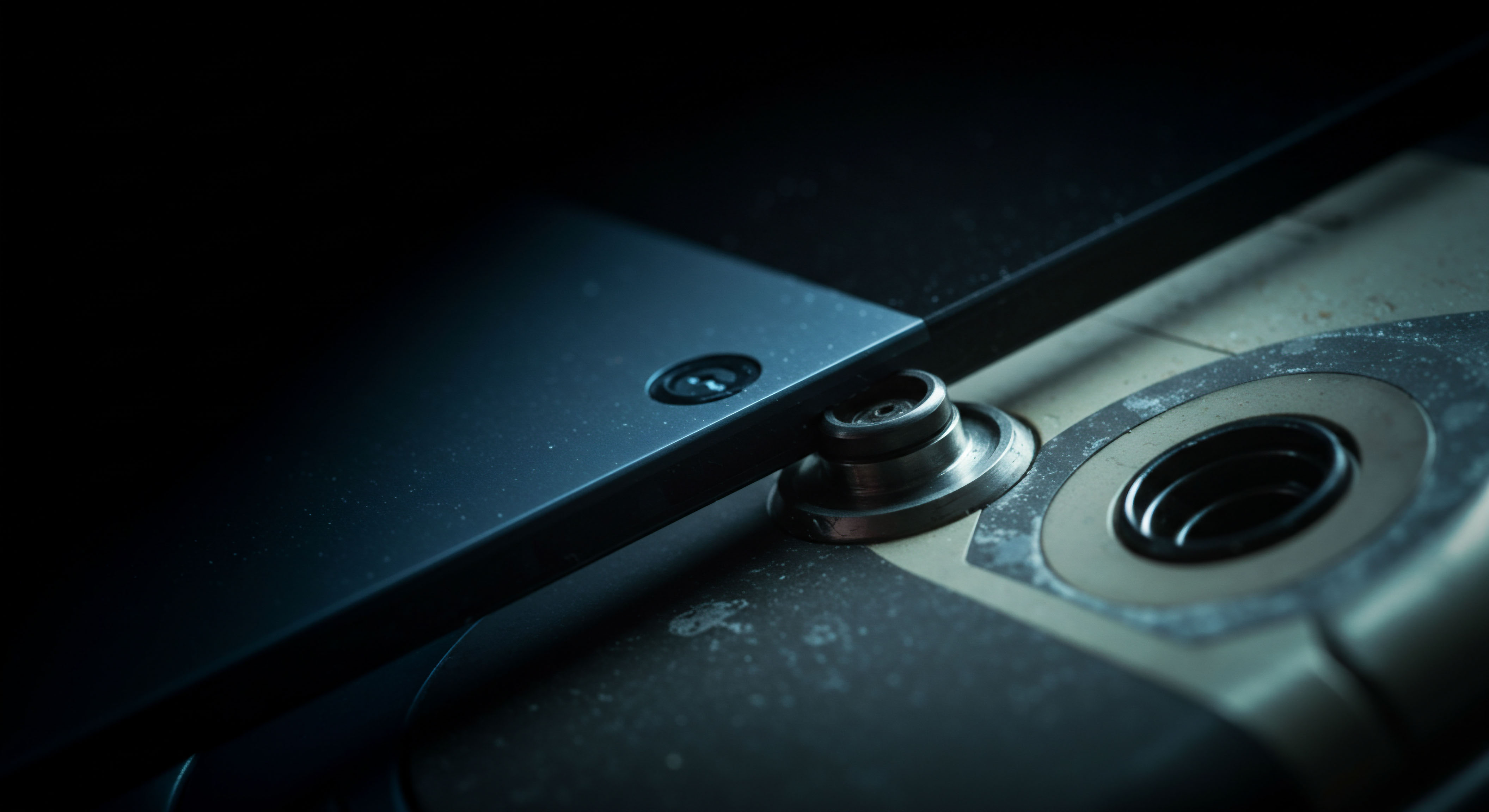 Close-up illumination reveals metallic components juxtaposed against a dark matte surface suggesting advanced infrastructure for perpetual settlement processes. The textured wear on the underlying substrate implies high operational throughput consistent with robust decentralized finance infrastructure. This visual juxtaposition symbolizes the physical layer interacting with abstract digital assets, representing secure execution environments for complex smart contract interactions, perhaps visualizing collateral management within overcollateralized lending protocols or the physical infrastructure supporting latency-sensitive order book matching for synthetic asset issuance. Key elements suggest hardware security modules interfacing with private key derivation for complex arbitrage strategies involving exotic options pricing models across layered networks. The composition hints at the physical security underpinning immutable ledger consensus, crucial for decentralized exchange operations demanding near zero latency settlement. Ten keywords incorporated: Collateralization protocol settlement infrastructure latency-sensitive order book matching synthetic asset issuance immutable ledger consensus hardware security modules decentralized finance arbitrage exotic options pricing models.