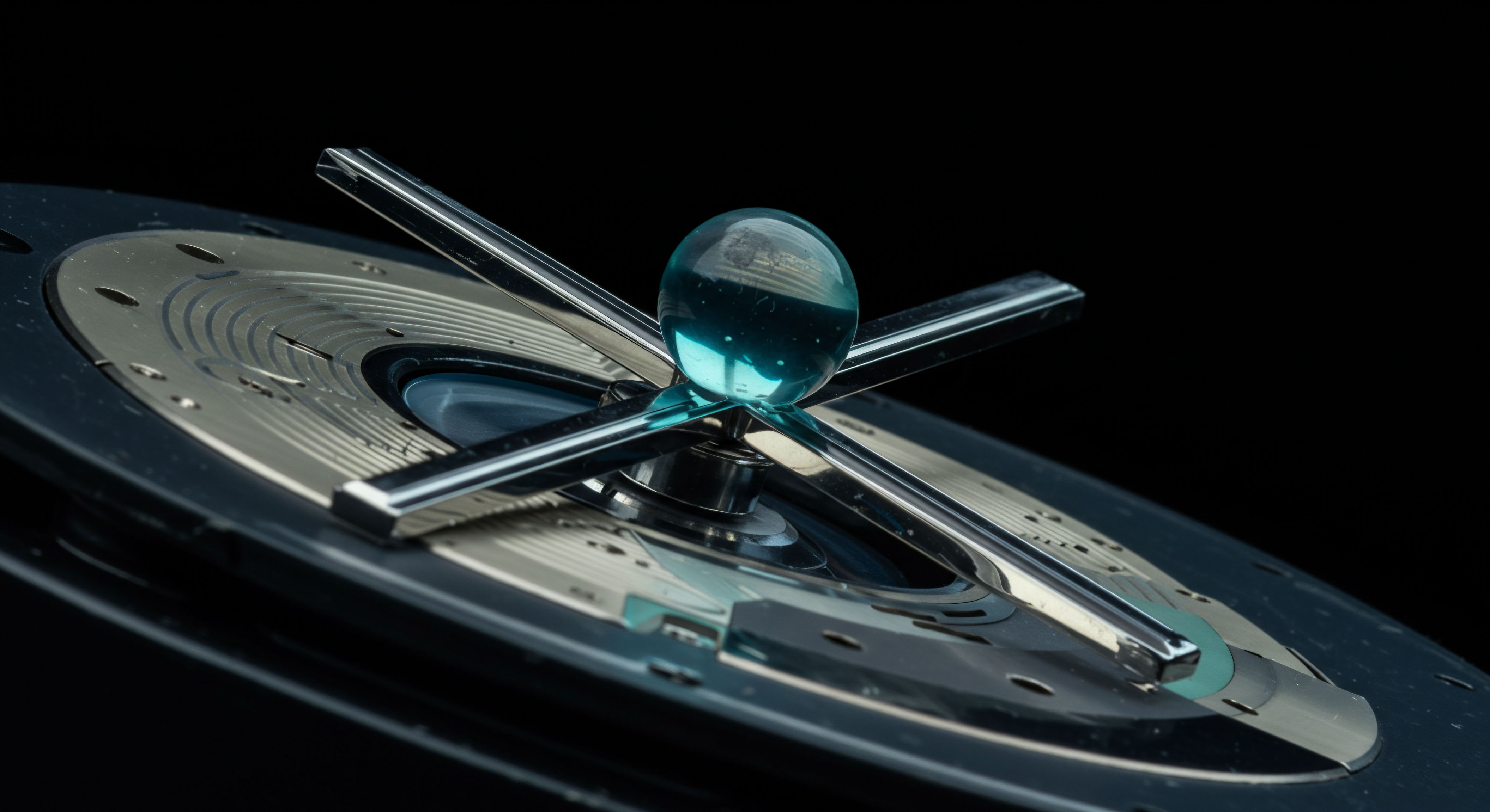 The visual centerpiece features a translucent cyan sphere resting atop polished chrome vanes radiating from a metallic substrate etched with concentric ledger markings representing quantized settlement stages. This structure evokes the precise mechanics of decentralized finance governance mechanisms like a Stochastic Oscillator overlaying volatile futures pricing trajectories. The blue orb symbolizes immutable on-chain collateral or a pooled liquidity reserve navigating complex option expiration scenarios demanding robust counterparty risk mitigation protocols. The sharp metallic arms suggest the predefined strike price boundaries within exotic payoff structures like Bermudan options executed against fluctuating spot exchange rates within a low-latency DeFi protocol environment. Precision engineering mirrors algorithmic execution strategies minimizing slippage across cross-chain liquidity pools, demanding verifiable finality for synthetic asset issuance.