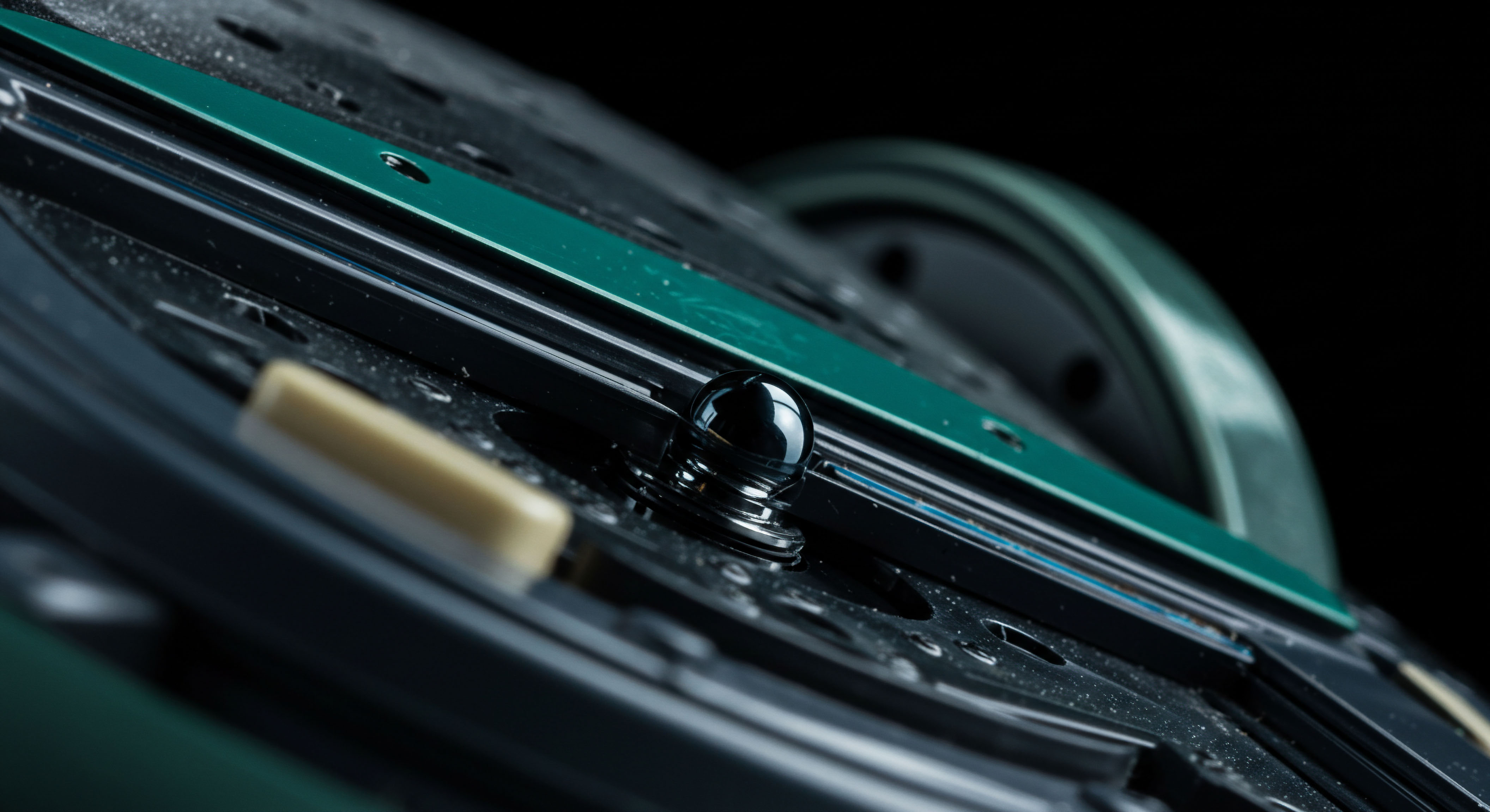 This macro photographic rendering depicts a high-precision component, possibly a ceramic bearing or contact point, resting within a complex dark matrix suggestive of underlying hardware infrastructure. The polished obsidian sphere reflects incident light sharply against a matte black substrate riddled with fine particulate matter, potentially representing data dust or trace exchange residuals. A vibrant teal strip runs diagonally, perhaps symbolizing a dedicated liquidity pool channel or an immutable transaction ledger segment. This visual metaphor strongly conveys the robustness required for secure decentralized exchange mechanisms, referencing hardware security modules and the physical integrity underpinning cold storage cold vaults. The composition evokes themes of low-latency execution essential for sophisticated options hedging strategies, where microsecond delays impact delta gamma exposure and slippage remediation across high-frequency arbitrage routines on decentralized autonomous organizations governance platforms. The focused depth of field emphasizes singularity within complexity, mirroring the critical nature of single-point key management in custodial digital asset portfolios.
