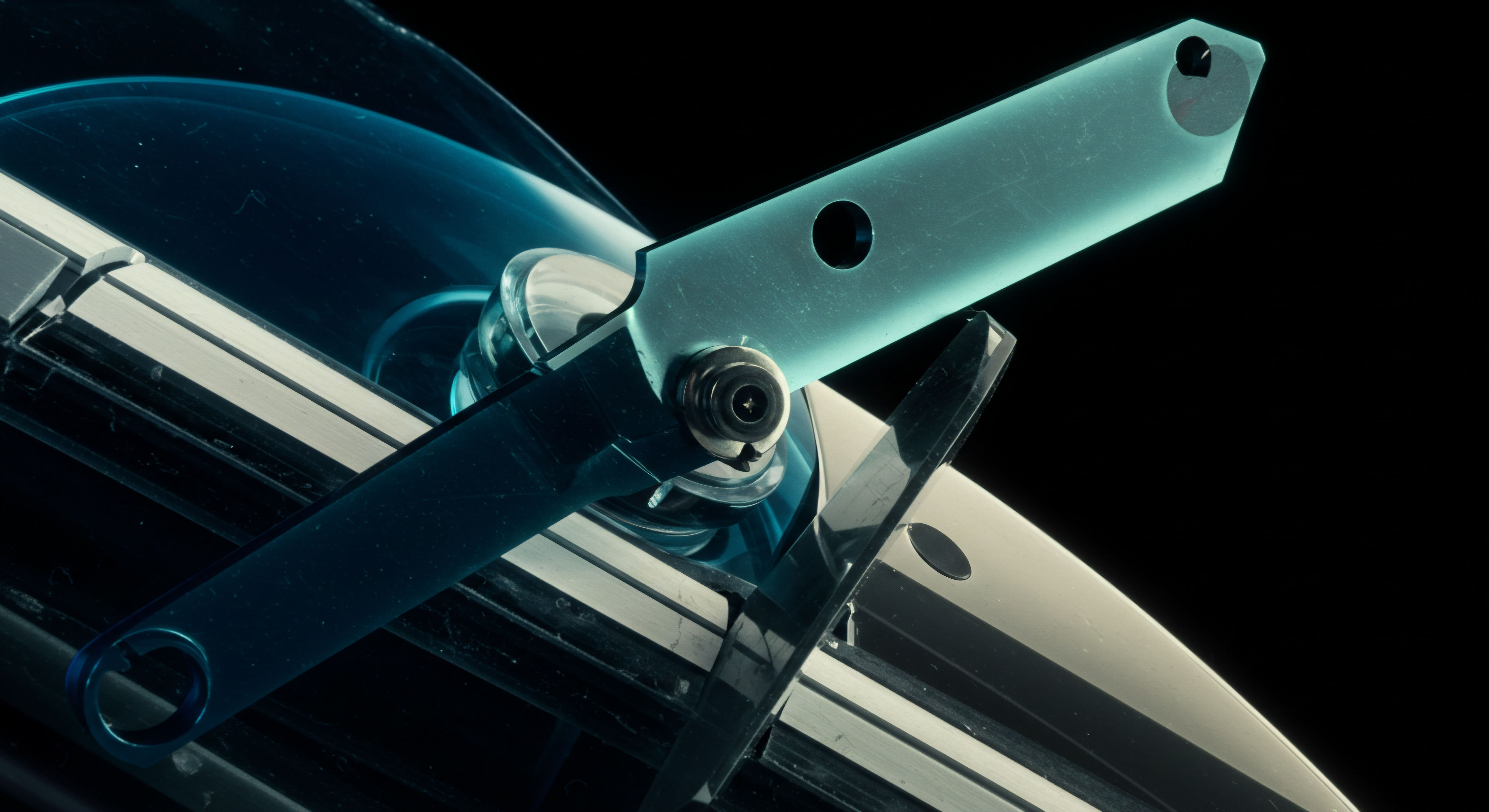 This high-contrast macro shot reveals polished metallic components articulating around a central pivot point, backlit by an ethereal cyan glow against absolute blackness. The structure evokes the precision engineering required for high-frequency algorithmic trading execution within decentralized exchange liquidity pools. The sharp planes and reflective surfaces suggest rapid, frictionless movement mirroring the ideal state of atomic swaps settlement. One blade, translucent and elongated, suggests a dynamic instrument executing a delicate strike price adjustment or a complex derivatives pricing model in action within on-chain governance. This visual metaphor represents the instantaneous transactional throughput necessary for sophisticated bullet swaps or ensuring low slippage during large futures contract liquidations across permissionless rails, emphasizing deterministic finality in nascent DeFi primitives.