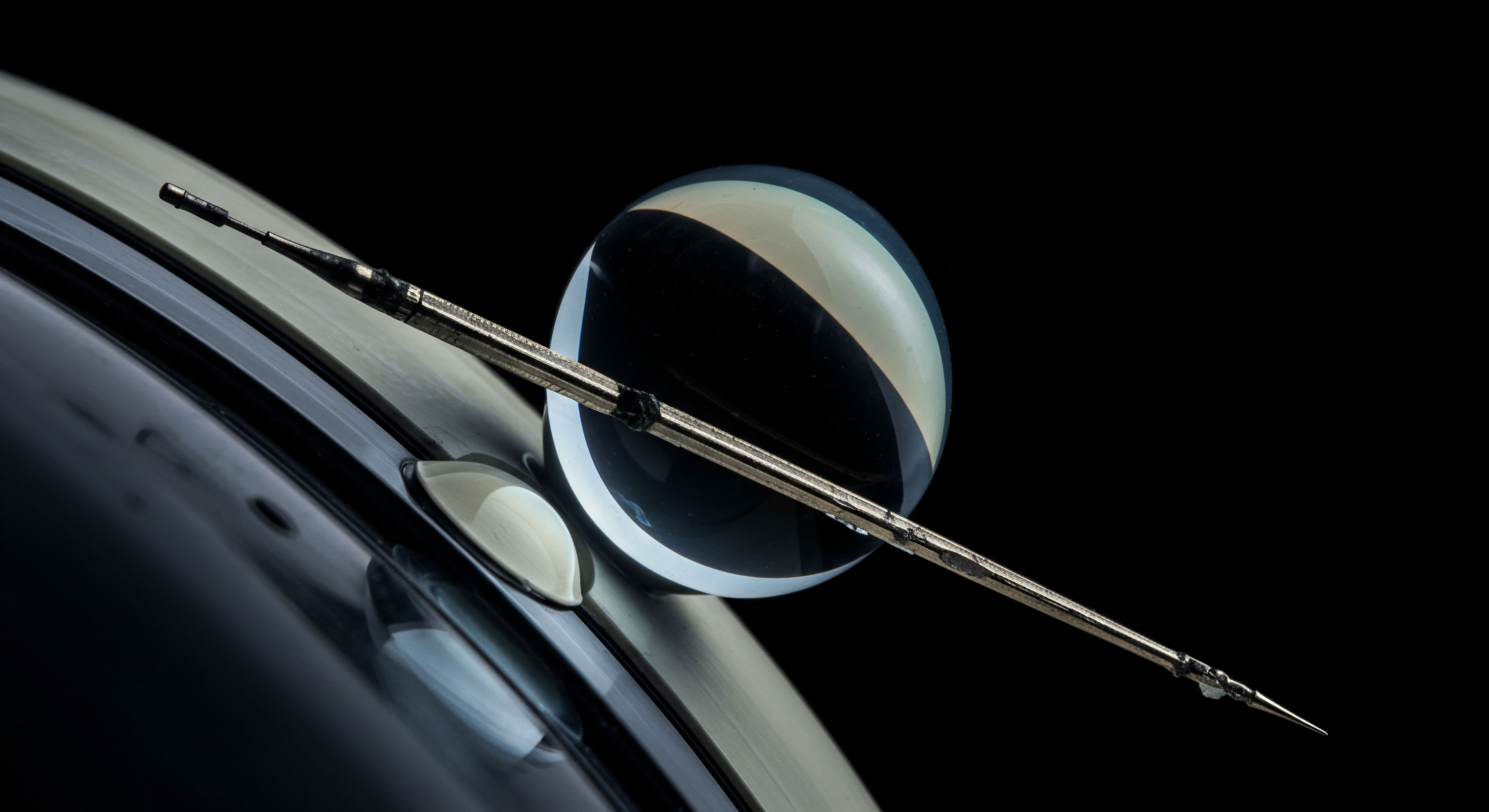 This stark visual juxtaposes a finely machined metallic probe, suggesting a precision execution tool or calibration instrument, against a highly polished, dark, curved substrate and a prominent refractive sphere. The sphere embodies the implied Black Scholes volatility surface, crucial for pricing complex financial derivatives like exotic options or perpetual swaps. The needle-like implement signifies the micro-level infrastructure required for secure atomic settlement or validating zero-knowledge proofs within decentralized finance DeFi. This abstraction hints at the meticulous engineering necessary for achieving optimal delta hedging across synthetic asset tokenization platforms and maintaining cryptographic integrity against future quantum computing threats, underscoring the precision of algorithmic trading strategies involving multi-asset collateralized debt positions CDPs.