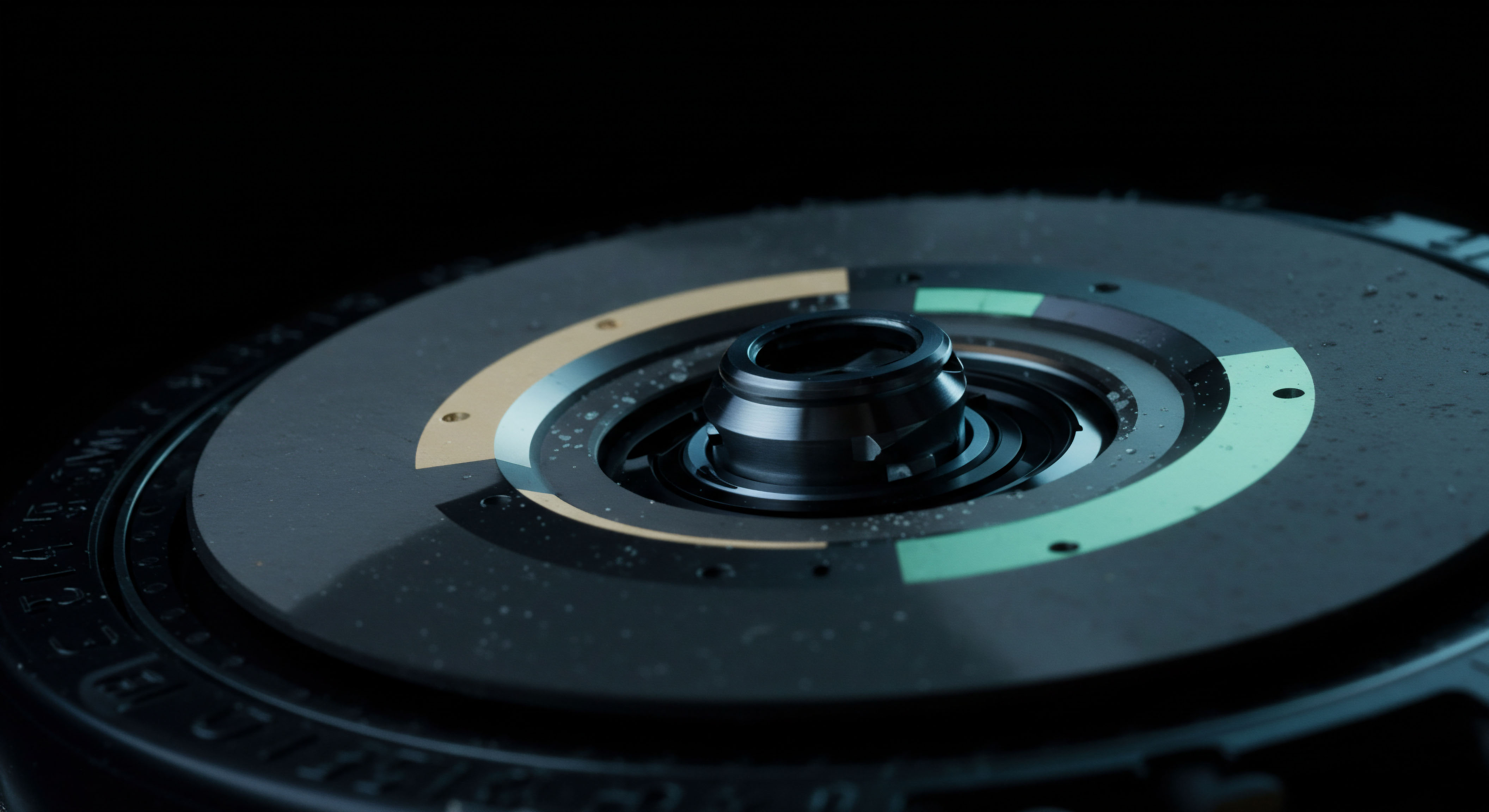 This close-up depicts a precision-machined central spindle surrounded by a dark substrate exhibiting pie-chart-like sectors in muted teal and gold tones, speckled with particulate matter suggesting operational stress or residue from a decentralized ledger environment. The structure strongly evokes the complex mechanics underlying high-frequency trading execution mechanisms within decentralized finance DeFi infrastructure. Specifically, the segmented ring likely represents state-change indicators in a complex smart contract mechanism governing perpetual futures settlement or dynamic volatility skew adjustments integral to synthetic asset options pricing models. Key elements suggest atomic swap verification protocols or perhaps a visualization of ledger state synchronization across disparate nodes in a permissionless network, where precision controls option Greeks like Theta decay assessment in exotic derivatives. The metallic sheen and internal concentric rings hint at proprietary hardware security modules HSMs underpinning institutional crypto custody solutions required for managing large collateral pools for undercollateralized lending protocols.