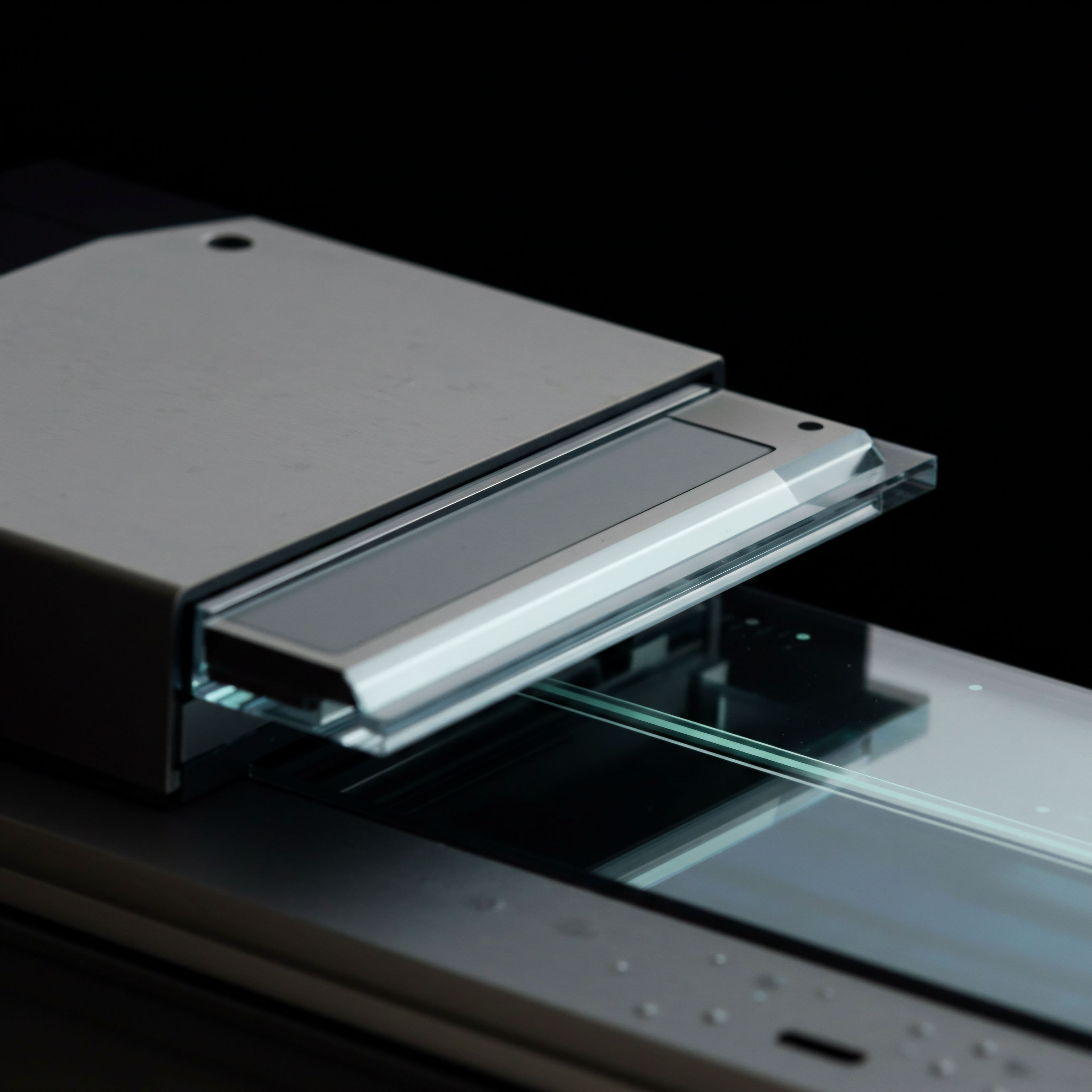 This detailed view captures the metallic carriage and illumination array, likely a CIS module, poised over a smooth glass surface characteristic of high-resolution document digitization equipment. Subtly reflected on the tempered glass platen are minute aqueous disturbances suggesting recent calibration or environmental shifts. This setup conceptually mirrors the process of scanning and rendering complex data structures, directly paralleling the derivation of implied volatility surfaces essential for pricing exotic cryptocurrency options. The precise movement across the plane suggests an algorithmic sweep, akin to Monte Carlo simulations used for calculating Greeks like Vega and Theta in decentralized finance perpetual futures contracts. It represents the meticulous precision required for accurate mark-to-market valuations in digital asset derivatives platforms, ensuring transparent resolution of asset pricing mechanics against underlying blockchain ledger integrity. Key terms include Implied Volatility Surface Derivation Greeks Vega Theta Decentralized Finance Perpetual Futures.