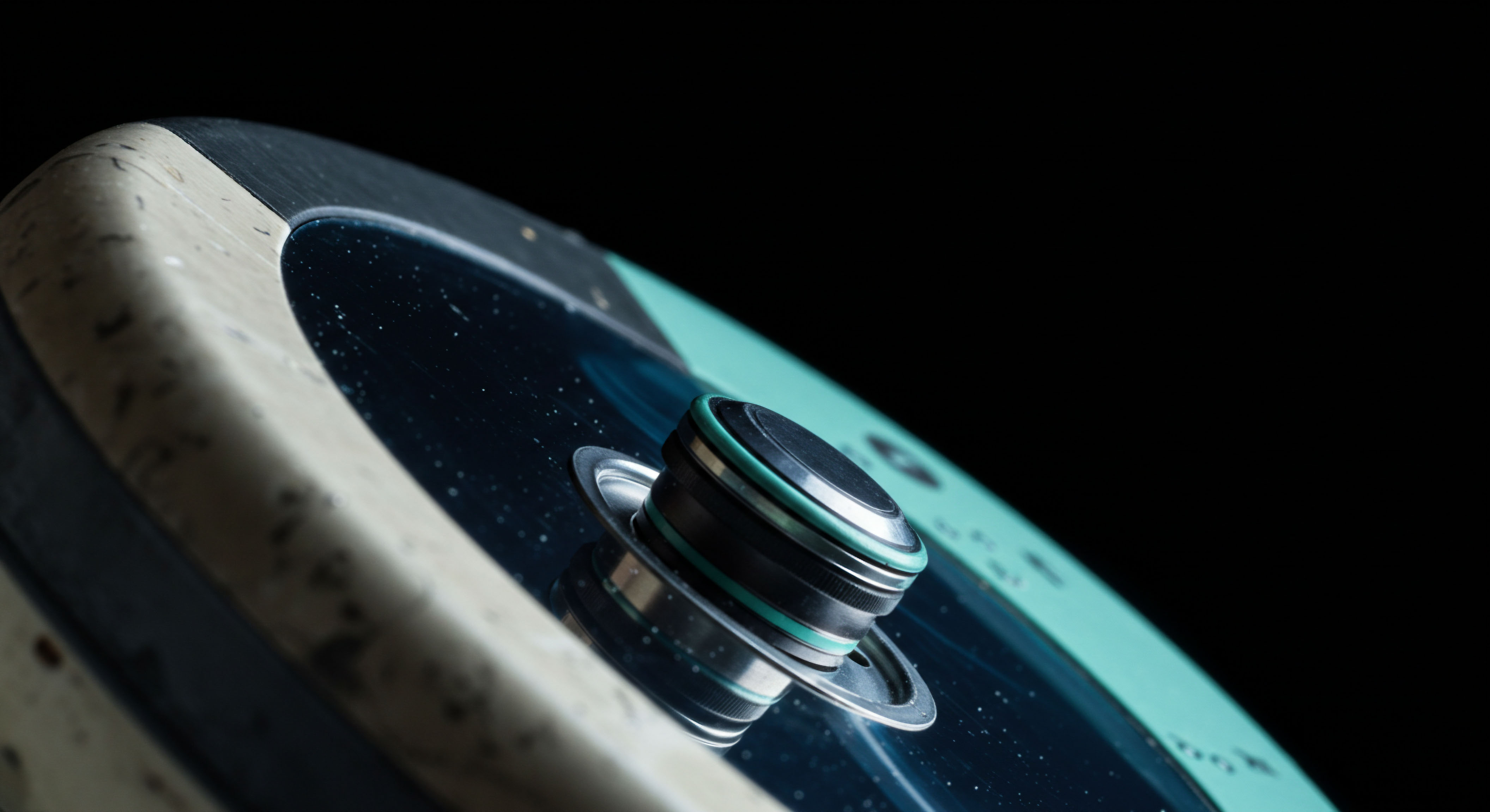 This close-up, high-contrast rendering isolates a precisely engineered mechanical interface against a dark void suggesting deep market exposure. The central metallic component with cyan O-rings evokes a critical execution point within a decentralized autonomous organization DAO structure or perhaps a hardware security module HSM controlling private keys. This visually represents the tangible mechanics underpinning intangible on-chain financial instruments, specifically referencing the granular management of embedded options within complex structured products like leveraged yield farming vaults or decentralized volatility futures contracts. Keywords include settlement finality oracle integration deterministic outcomes collateralization ratio algorithmic market maker AMM slippage control basis differential and delta hedging parameter adjustment within decentralized finance DeFi derivatives exchange environments.