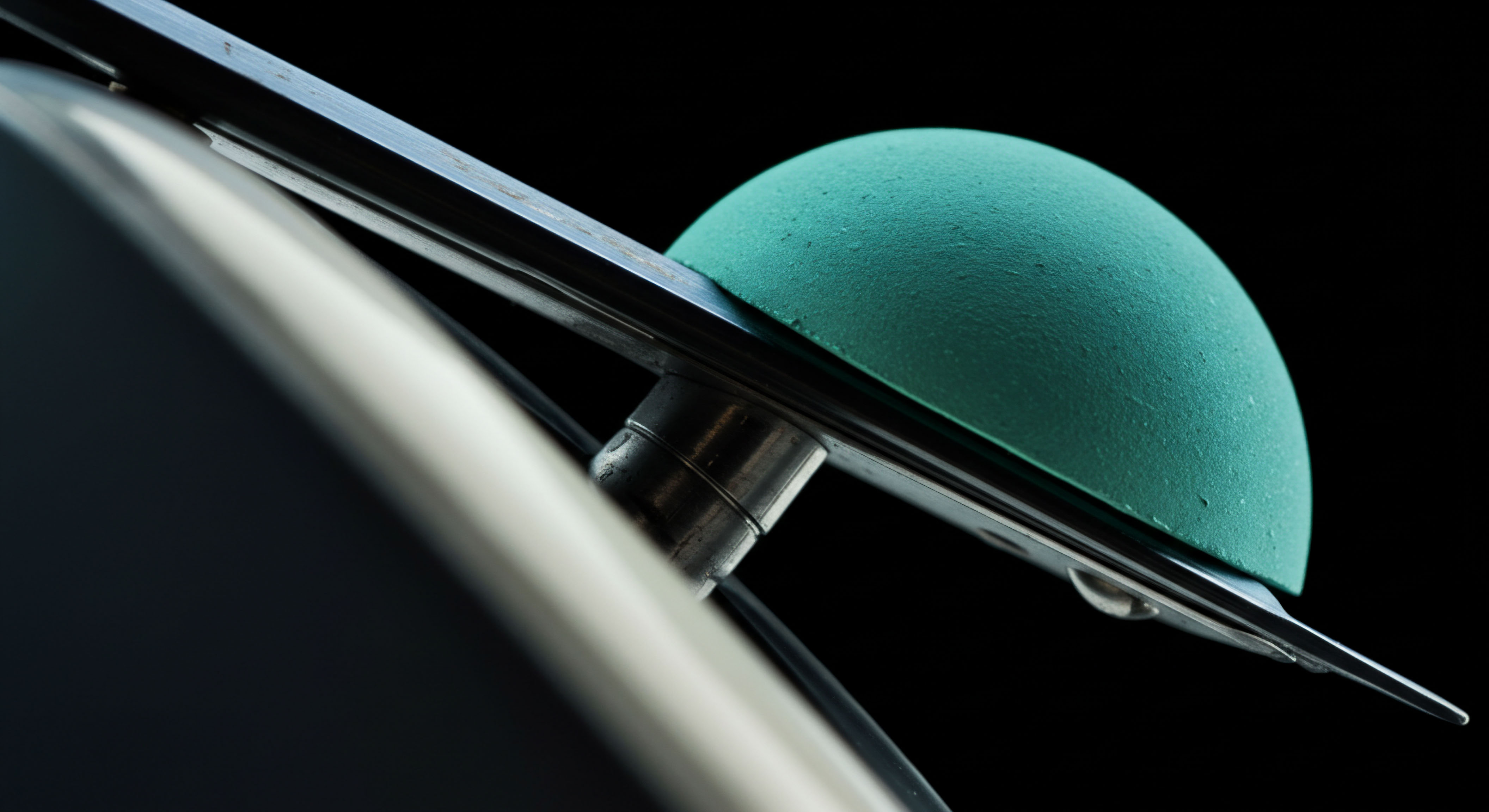 This abstract macro shot visualizes the structural interface between a granular teal demi-sphere, reminiscent of a synthetic order book material, and a sleek, highly reflective metallic component, perhaps symbolizing a blockchain ledger or cold storage mechanism. The interplay suggests the dynamic convergence between underlying asset fundamentals and derivatives pricing mechanics. The textured surface embodies synthetic exposure, akin to simulated volatility inherent in options pricing models, specifically concerning implied volatility skew across various strike prices. The sharp metallic edge evokes the precise execution layer of decentralized finance or regulated exchange platforms navigating order flow. This composition implicitly addresses the delicate balance in structuring complex financial instruments like variance swaps or perpetual futures contracts within the digital asset ecosystem where liquidity often dictates the surface geometry of market sentiment and risk parameters defining gamma exposure decay.