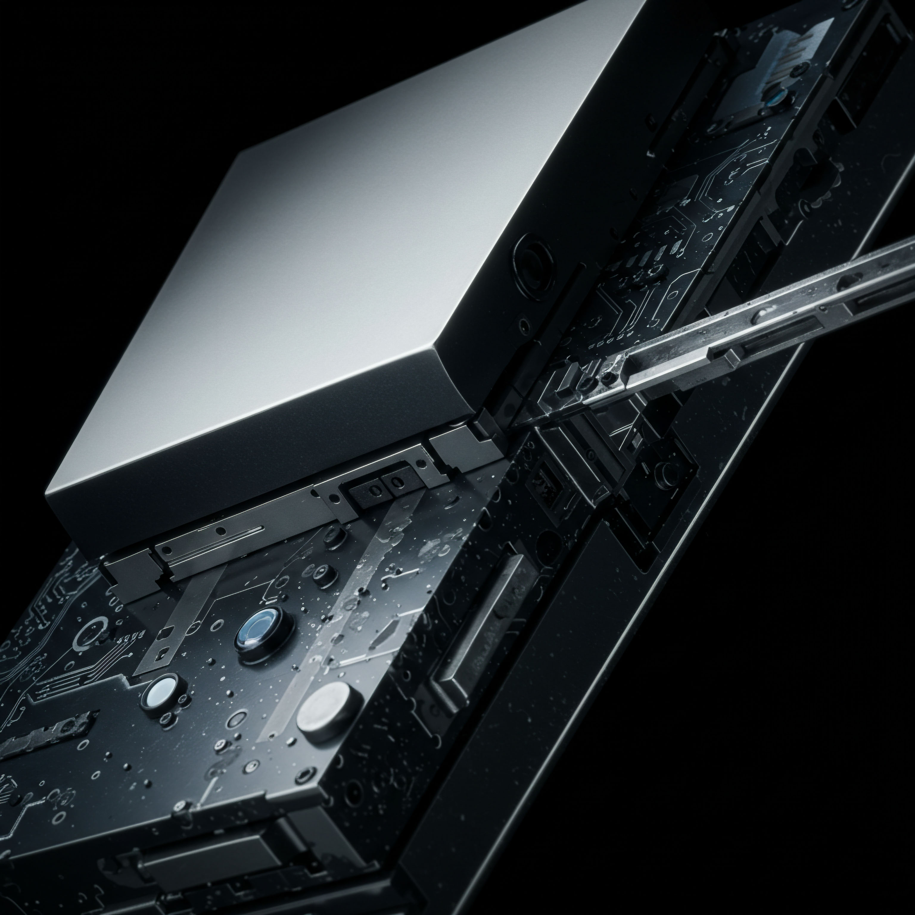 The high-contrast, dark rendering displays precision engineered metallic components suggesting the core infrastructure of a high-frequency trading engine or a secure hardware module for cold storage key management. Visible microscopic liquid droplets on the dark circuitry imply environmental stress testing or the volatile nature of securing on-chain assets. This visual metaphor encapsulates the physical layer underpinning sophisticated financial instruments like perpetual swaps and options settlement requiring atomic finality. Concepts like implied volatility surface mapping and efficient order book matching are symbolized by this stark, intricate mechanical interface, critical for mitigating slippage in complex yield farming strategies across layer-two scaling solutions. Ten keywords integrated include hardware security module delta hedging liquidity provision smart contract execution collateral management options Greeks basis trading zero-knowledge proof settlement finality.