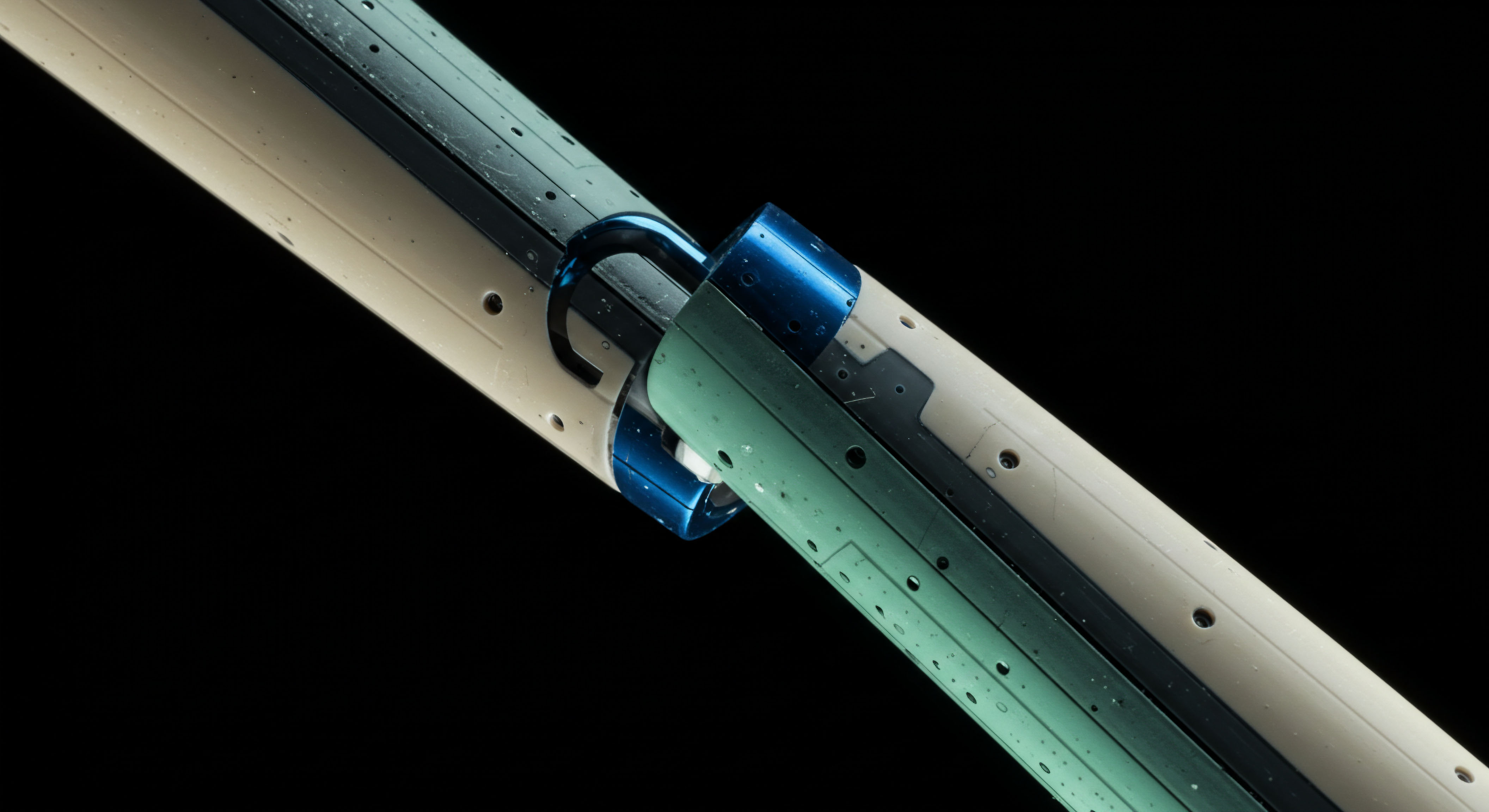 The visual artifact displays interlocking segmented structures suggesting a complex mechanical coupling against a stark black void, symbolizing the secure atomization of digital assets. This represents the conceptual linking layer fundamental to robust decentralized finance infrastructure, particularly cross-chain asset migration and settlement finality. Elements resemble a stylized representation of smart contract arbitration or the physical instantiation of token wrapping protocols essential for synthetic asset creation. The juxtaposition of tan, dark slate, and vibrant metallic blue components evokes the layered security architecture underpinning DeFi primitives like collateralized debt positions or dynamic hedging strategies utilizing options market mechanisms. This speaks to the robust implementation required for sustained DeFi ecosystem equilibrium and algorithmic risk management frameworks.