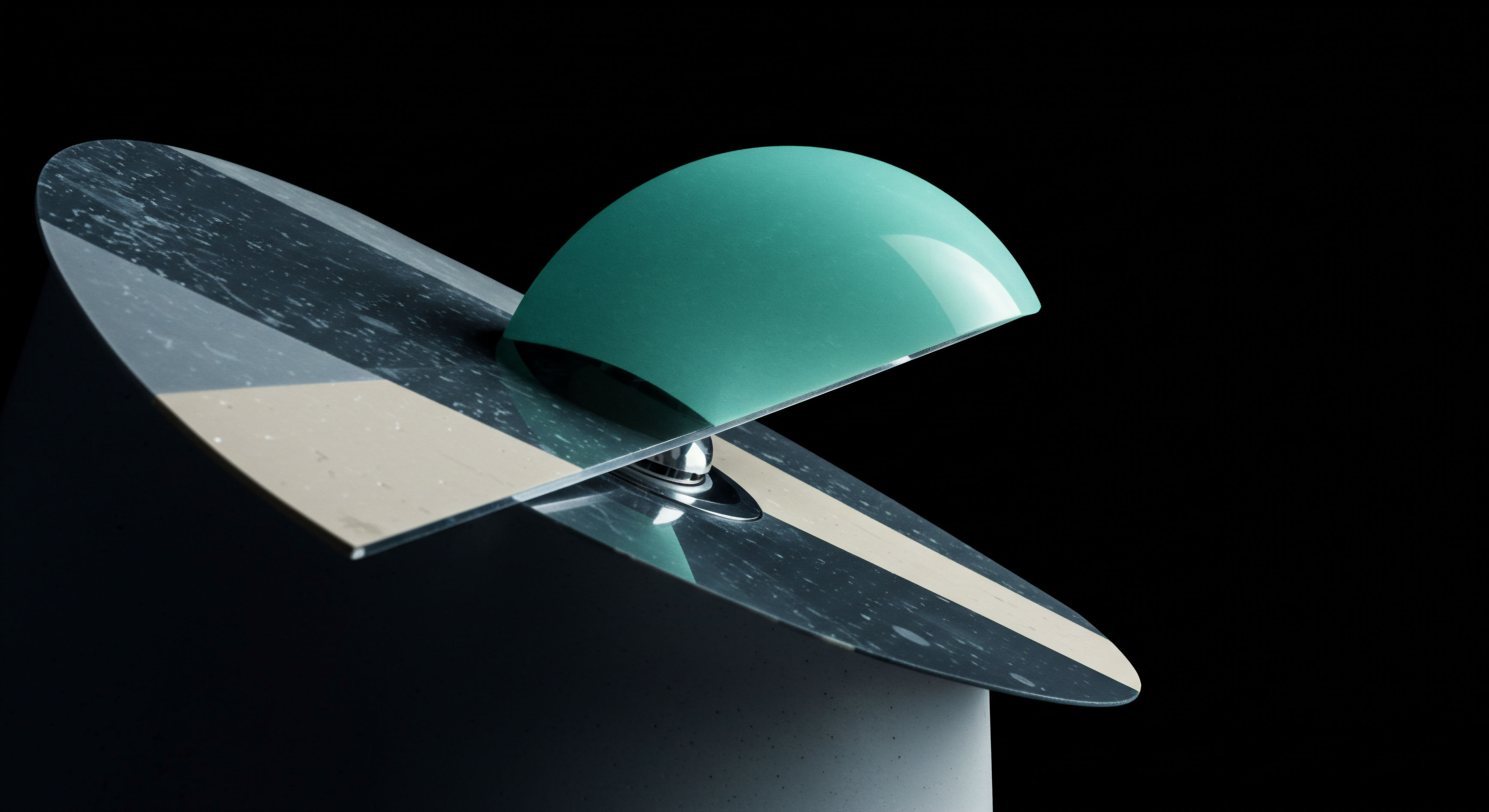 A highly stylized rendering depicts a smooth, aqua-teal, semi-ellipsoidal element partially covering a reflective surface bifurcated by dark, marbled sectors and lighter beige-gray striations, suggesting volatile asset movement or a complex hedging structure. This composition evokes the dynamic relationship between underlying spot assets and structured products in decentralized finance DeFi. The clean lines and stark contrast represent the precision required for managing high-frequency trading HFT strategies involving perpetual futures contracts and complex options payoff diagrams. The reflective pivot point below the dome hints at collateralized debt positions CDP or a specific margin requirement mechanism necessary for controlling exposure during sharp directional shifts, essential for delta hedging protocols against black swan events in a total return swap environment.