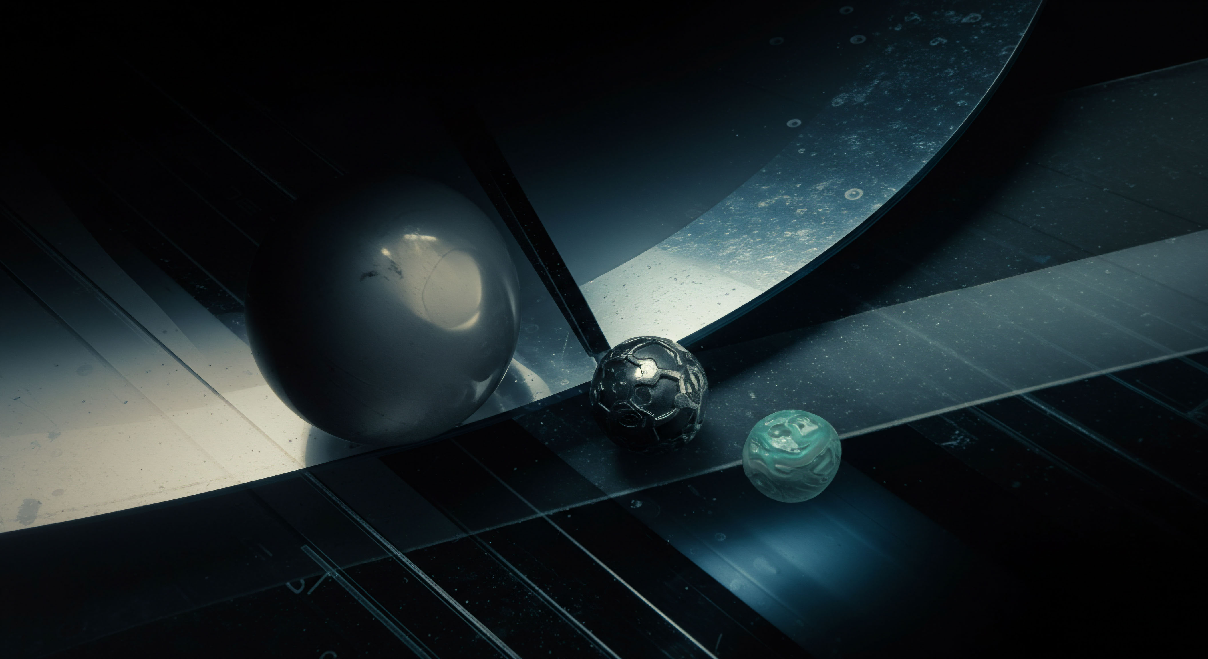 Three spheres of varying textures and sizes rest upon dark, angular, reflective planes suggesting an abstracted market microstructure. The largest sphere exhibits a matte, almost liquid-metal surface reflecting muted light indicative of stable market depth or baseline asset valuation. A mid-sized sphere displays a complex, tessellated geometric skin perhaps symbolizing smart contract complexity or non-fungible token structural integrity. The smallest sphere presents a marbled, cyanotic texture, potentially signifying extreme peripheral volatility or a minor-cap asset with high idiosyncratic risk, relevant to options pricing mechanics like implied volatility surfaces and stochastic volatility models in decentralized derivatives clearing. This arrangement visually models the convergence of underlying spot value against derivative exposure stratification.