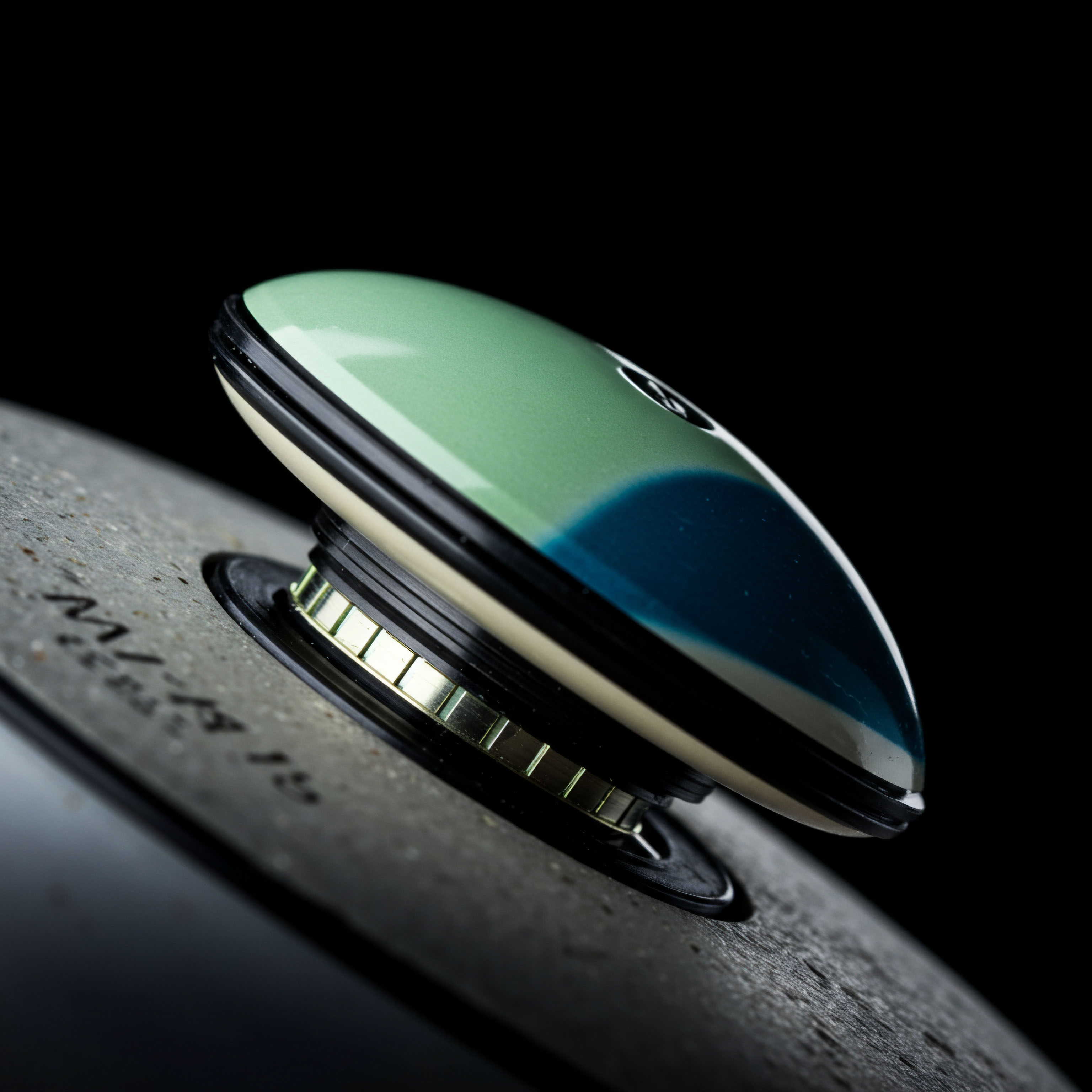 This macro photograph isolates a highly finished, dome-shaped actuator exhibiting a seafoam green to deep indigo color gradient, suggestive of liquidity pool stratification or volatility surface dynamics. It rests upon a textured, granular surface bearing faint etched alphanumeric identifiers, perhaps denoting a specific block height or contract address registration. The component features a visible brass knurled collar, symbolizing adjustable parameters within a decentralized finance yield optimization protocol. The overall presentation evokes the tactile interaction with complex on-chain governance via a novel hardware wallet interface or a specialized decentralized exchange RFQ engine input device, reflecting secured token transfer mechanisms and non-custodial option strike configuration.