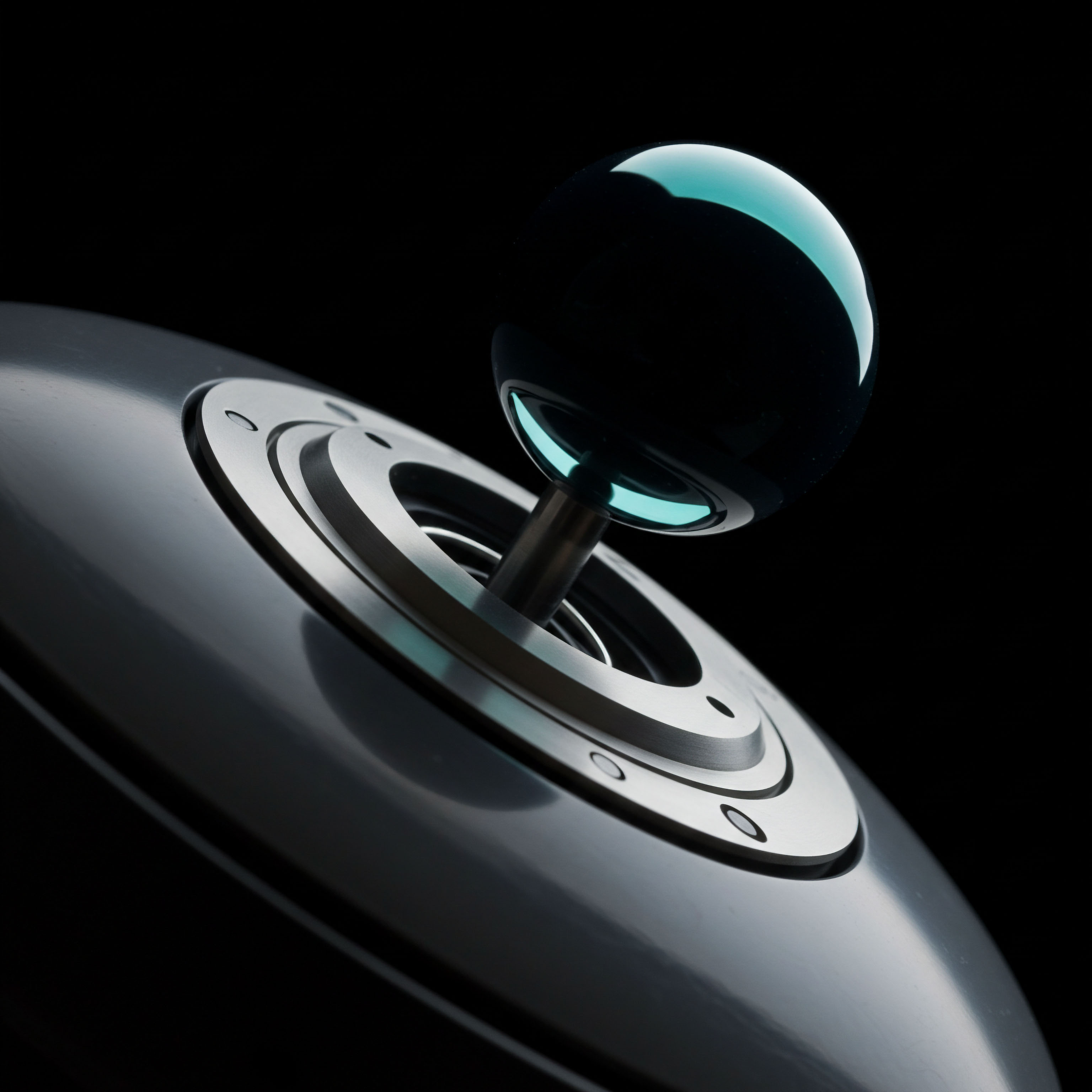 The high-contrast rendering isolates a metallic, finely engineered control apparatus suggesting precision execution within volatile markets. The polished spherical top reflects an ethereal cyan luminescence, symbolizing the emergent liquidity pool or a staked asset under governance purview. This mechanism embodies the required dexterous manipulation akin to managing delta hedging strategies across perpetual futures contracts or executing complex algorithmic trade executions demanding low-latency operational adherence. The precision mounting rings evoke structured collateralization requirements inherent in decentralized finance lending protocols or the margin maintenance necessary for options payoff profiles. It suggests active participation in on-chain governance voting for protocol upgrades or adjusting dynamic swap fees, emphasizing systematic control over decentralized financial instruments like exotic derivatives.