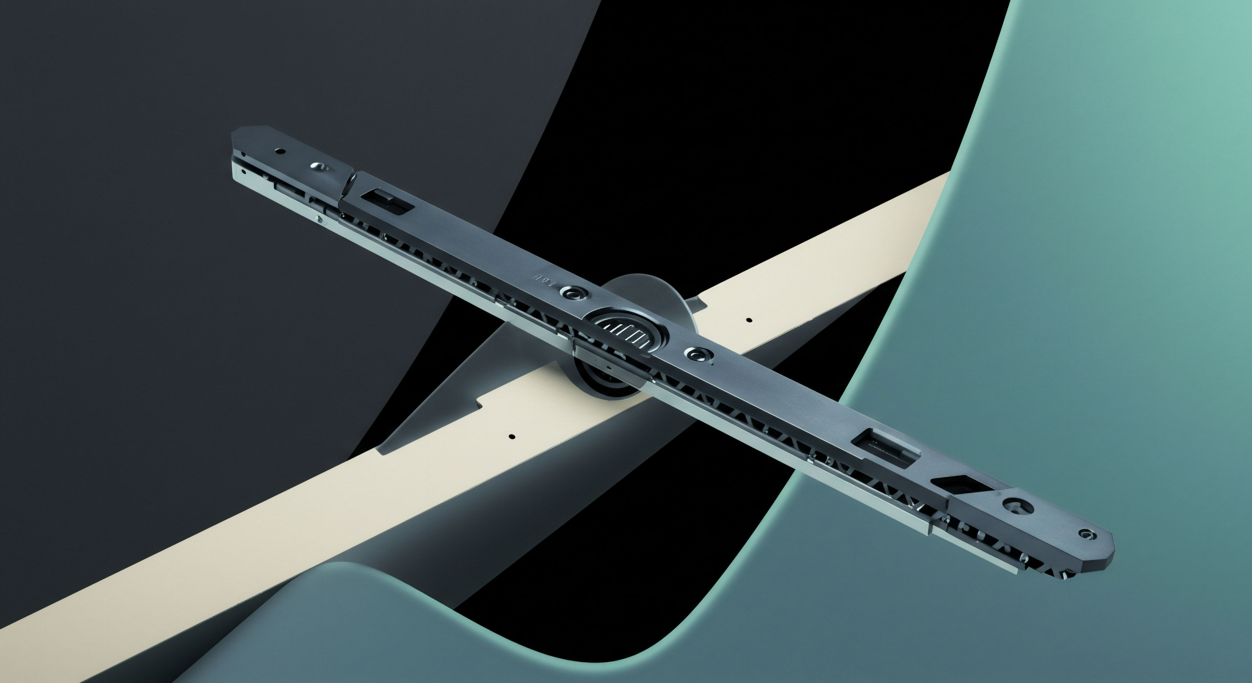 A sleek, dark metallic component exhibiting detailed perforation patterns and a central rotational element is diagonally bisected across a background featuring sharp contrasts of deep black and muted teal planes, intersected by an off-white planar element. This visual geometry symbolizes the complex engineering of decentralized finance DeFi collateral structures. The mechanism embodies the tension between fixed reference points like strike prices and dynamic market movements observed in perpetual swaps. Specifically, it represents the calibration of execution efficiency across cross-chain liquidity pools necessary for optimal options delta hedging. The structure suggests robust security layers protecting underlying decentralized exchange DEX smart contracts against front-running strategies inherent in high-frequency trading HFT arbitrage mechanisms on Layer 2 solutions. It is the tangible representation of algorithmic order flow management during extreme price discovery.