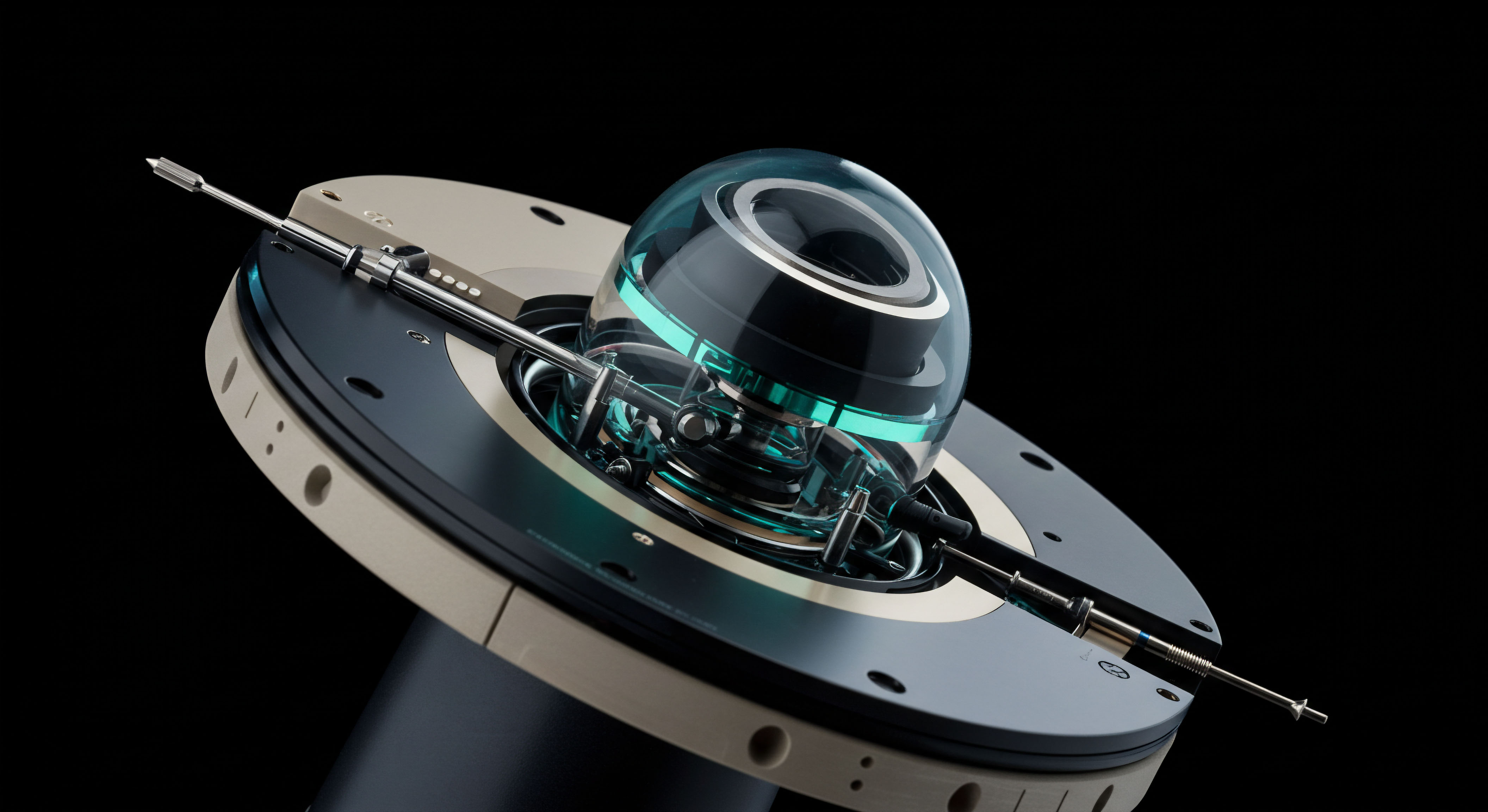 This complex rendering depicts a sophisticated electromechanical gimbal system encapsulating a glowing translucent sphere, suggesting high-precision computation or sensing essential for quantitative finance. The metallic armature and fine probes evoke mechanisms involved in real time settlement or secure data transmission. Conceptually, this symbolizes the infrastructure underpinning advanced decentralized options protocols, perhaps representing the secure execution of smart contract trigger conditions or the delicate calibration of volatility surfaces for synthetic asset creation. The glowing cyan elements suggest active thermal management or computational throughput vital for minimizing latency in high-frequency derivatives trading platforms. It underscores the requirement for robust oracle mechanisms ensuring accurate reference rates for perpetual futures and exotic options settlement within DeFi ecosystems, navigating complex risk factor correlations.