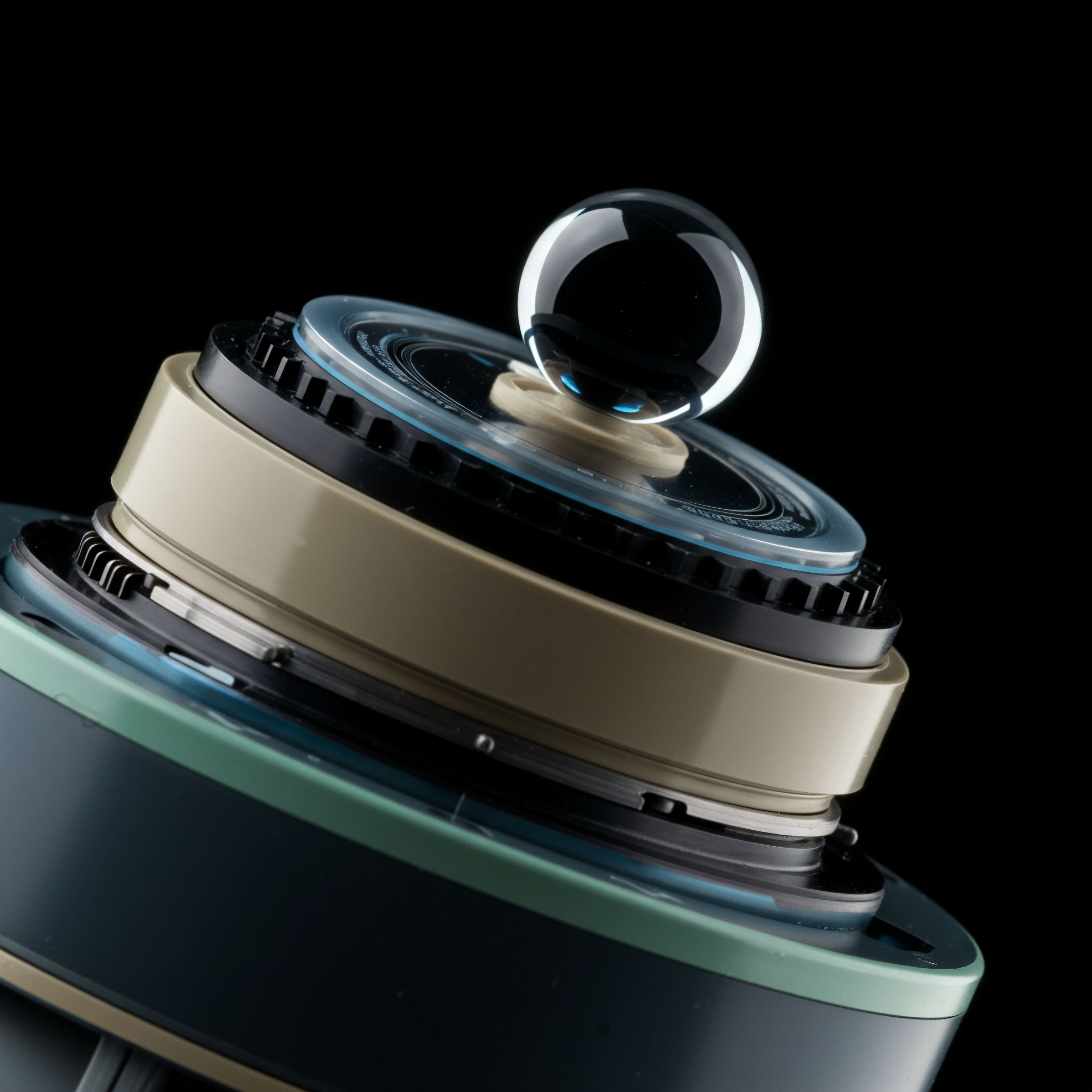 A perfectly suspended, highly refractive liquid sphere levitates above intricately layered mechanical apparatuses featuring beige, black, and teal components, symbolizing non-custodial settlement mechanics. This abstract visualization represents the delicate balancing act within decentralized finance DeFi protocols managing synthetic asset creation. The sphere suggests potential energy or implied volatility inherent in underlying crypto spot markets underpinning complex option structures like exotic derivatives or perpetual futures arbitrage strategies. Precision gearing interfaces imply algorithmic execution underpinning risk parity models where the liquid orb embodies the uncollateralized risk exposure requiring automated margin calls and dynamic hedging against sudden gamma squeezes in digital asset derivatives exchanges. This visual metaphor underscores transparency in underlying collateral management for on-chain structured products.