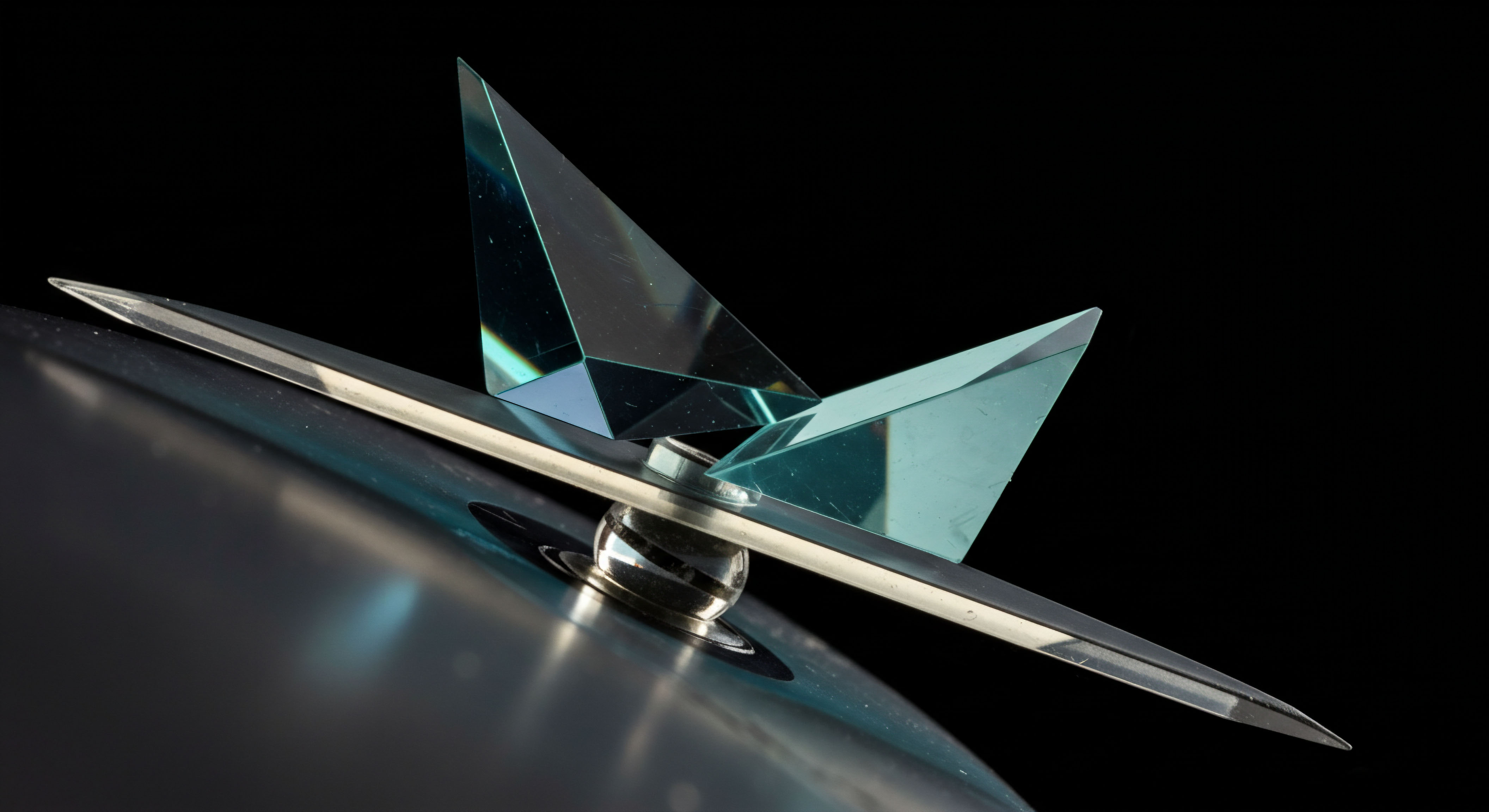 This sharp composition embodies the precarious balance within complex financial engineering, specifically mirroring the geometry of implied volatility surfaces in crypto options markets. The light-refracting aqua glass structure resembles twin peaked wedges, perhaps symbolizing bifurcating market sentiment or two strike prices flanking the at-the-money tenor. This assembly pivots precariously atop a highly polished, dark metallic sphere anchored to a larger substrate, representing a zero-strike perpetual swap or a central exchange mechanism. The sharp metallic blade acts as a crosshair or a gamma exposure vector, illustrating the sensitivity of delta hedging on novel decentralized finance products. The entire scene visualizes the fragile equilibrium surrounding derivative pricing models like Black Scholes adapted for high-frequency crypto asset exchange.