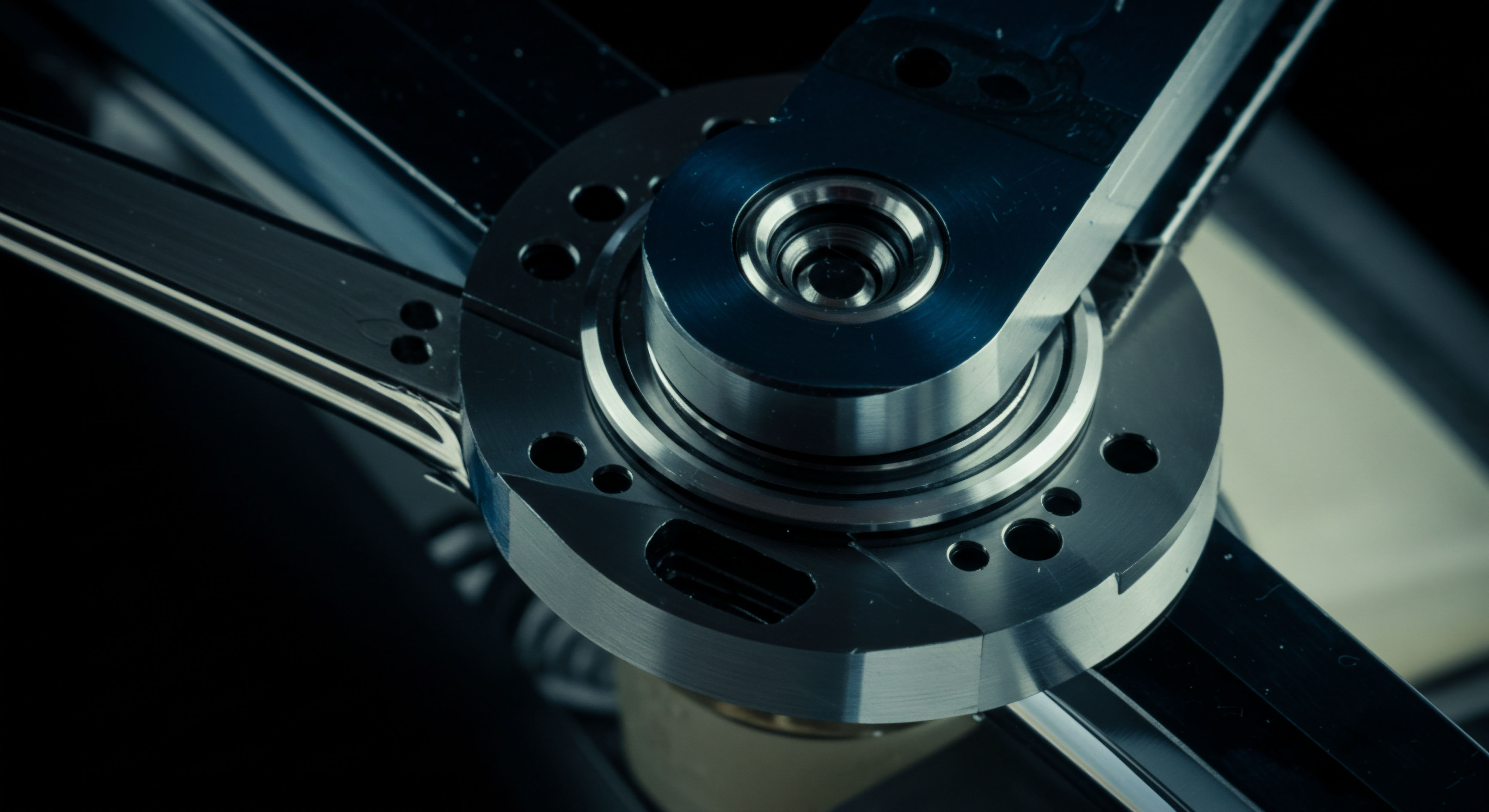 This macro photograph reveals the highly engineered spindle assembly of what resembles a precision electromechanical device, possibly a data storage or robotic actuator pivot point, rendered in cool, metallic silver and deep black tonalities, suggesting high-frequency operational integrity. This visual structure embodies the conceptual rigidity and intricate interconnection of layer two scaling solutions underpinning robust Decentralized Autonomous Organization DAO governance frameworks. The central bearing surface speaks to the immutable nature of ledger settlement, while the surrounding bolted flange mirrors the multi-signature requirements for executing complex smart contract interactions or settling perpetual futures contracts. It visualizes deterministic execution and the reliance on verifiable hardware for maintaining decentralized trust mechanisms critical to DeFi primitives and high-throughput blockchain consensus. Keywords include Electromechanical Actuation DeFi Governance Token DAO Multi-signature Settlement Precision Engineering Layer Two Scaling Perpetual Futures Contract Deterministic Execution.