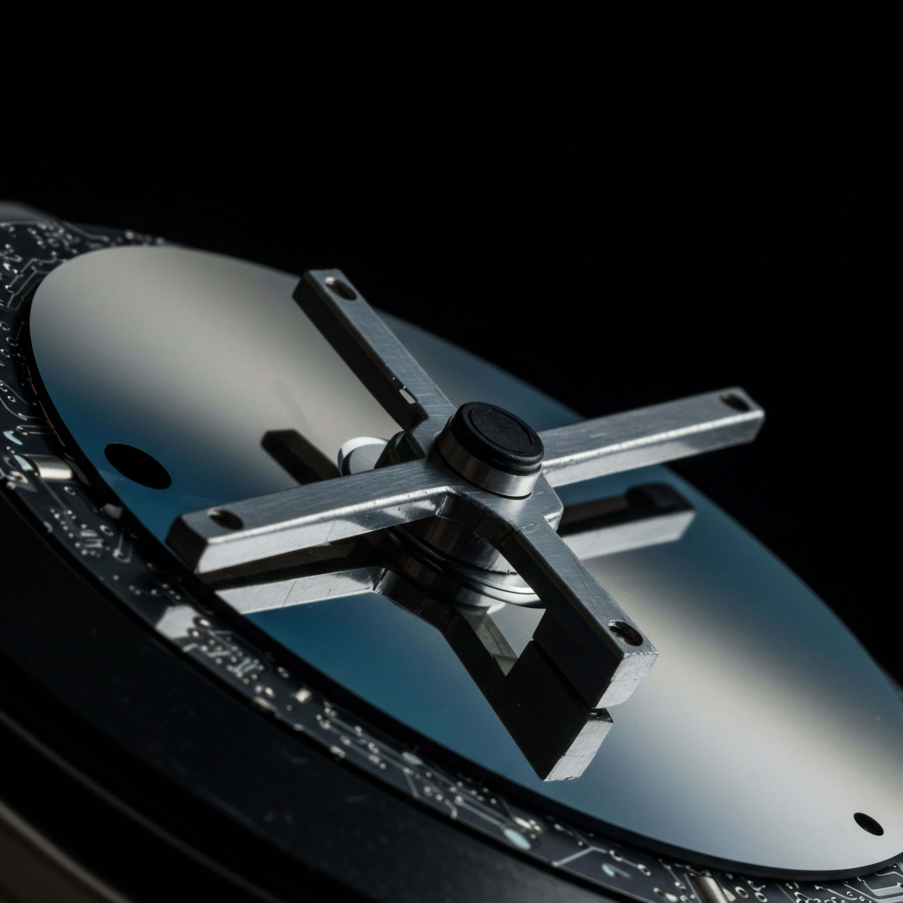 This close-up showcases a highly polished, reflective circular substrate, reminiscent of a decentralized ledger storage medium or a high-precision component within an algorithmic trading engine. A metallic, cruciform fixture, stabilized by a central black damper, exerts calibrated force, symbolizing the mechanism controlling volatility surfaces and liquidity provision. The surrounding edge displays intricate, circuit-like tracery overlaid on the dark perimeter, suggesting on-chain state tracking or the deterministic nature of smart contract execution settlement. This visual metaphor encapsulates the meticulous control required for managing synthetic assets, executing low-latency order flow in perpetual futures, and maintaining capital efficiency during arbitrage strategies involving underlying spot market price discovery versus derivative pricing models like Black-Scholes adaptations for digital assets. The reflection implies transparency within governed DeFi protocols.