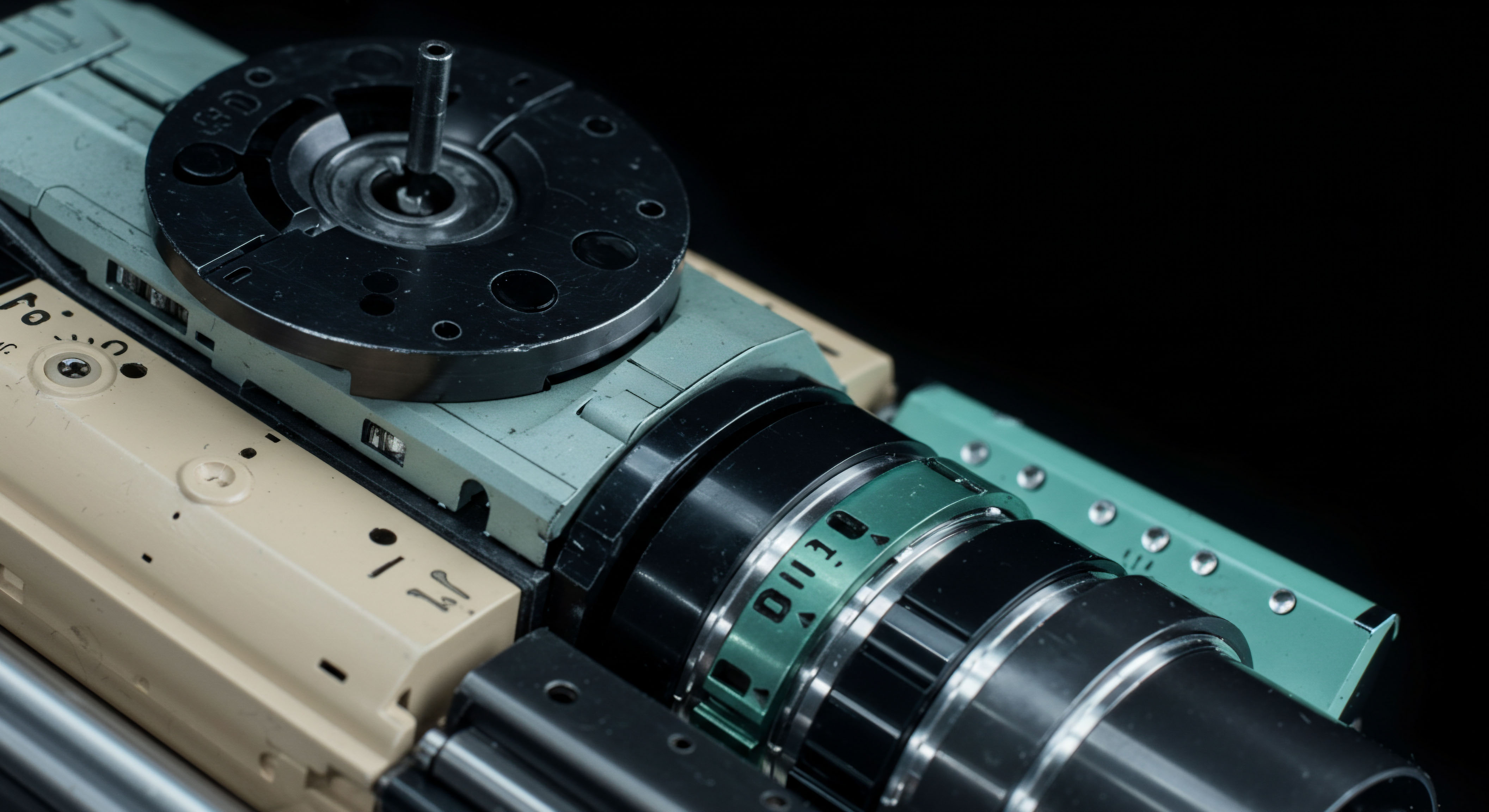 This macro view reveals intricate mechanical components suggesting the underlying latency-sensitive architecture of high-frequency crypto trading platforms or exotic options execution engines. The stacked beige and teal housings imply modular design principles common in specialized hardware for managing large scale order flow. Observe the metallic disc featuring central shaft alignment potentially symbolizing a collateral vault access mechanism or a key parameter adjustment like volatility skew calibration for perpetual swaps. The prominent black rings with green numerical indicators directly reference strike price setting or leverage ratio configuration within structured products. This precision engineering reflects the need for deterministic finality and low-latency market access imperative for arbitrageurs navigating DeFi liquidity pools and centralized exchange order books. The configuration hints at granular control over digital asset derivatives pricing models.