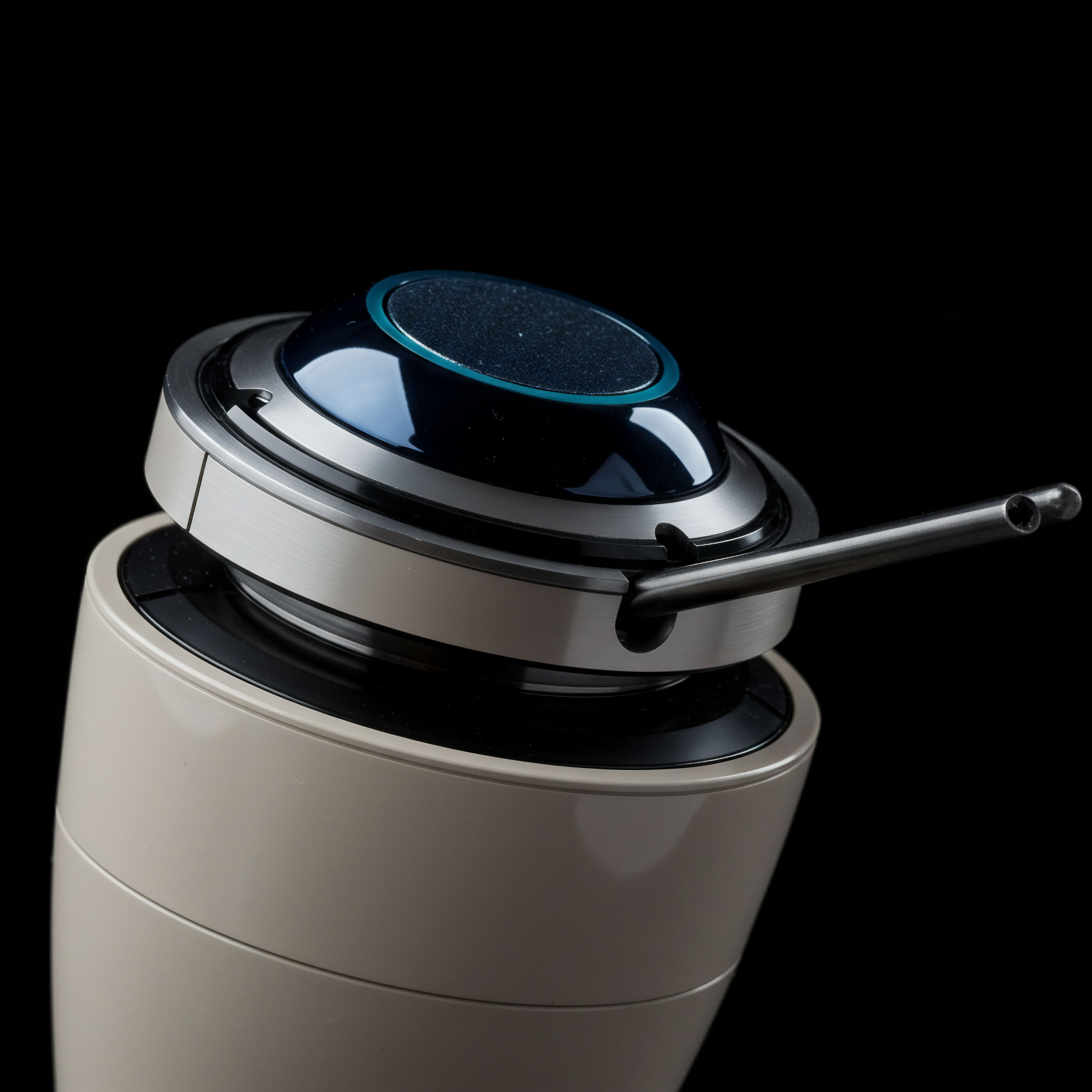 This composition depicts a highly engineered metallic structure, resembling a complex dispensing apparatus or an advanced hardware wallet interface, suggesting secure cryptographic key management or cold storage access. The central, dark, convex element outlined in cyan evokes the illumination of an on-chain transaction confirmation status or a smart contract execution signature. The projecting dual-orifice metallic tube symbolizes a controlled, low-latency withdrawal conduit for digital asset transfers, critical for efficient market microstructure operations like arbitrage or high-frequency trading in decentralized finance DeFi environments. This apparatus represents the robust infrastructure required for managing derivative exposures such as perpetual futures settlement or exercising complex option contracts on Layer 2 scaling solutions. The beige base anchors the sophisticated topping, symbolizing the foundational security layer necessary to mitigate counterparty risk in decentralized exchanges DEX and maintain custody integrity against sophisticated exploits.