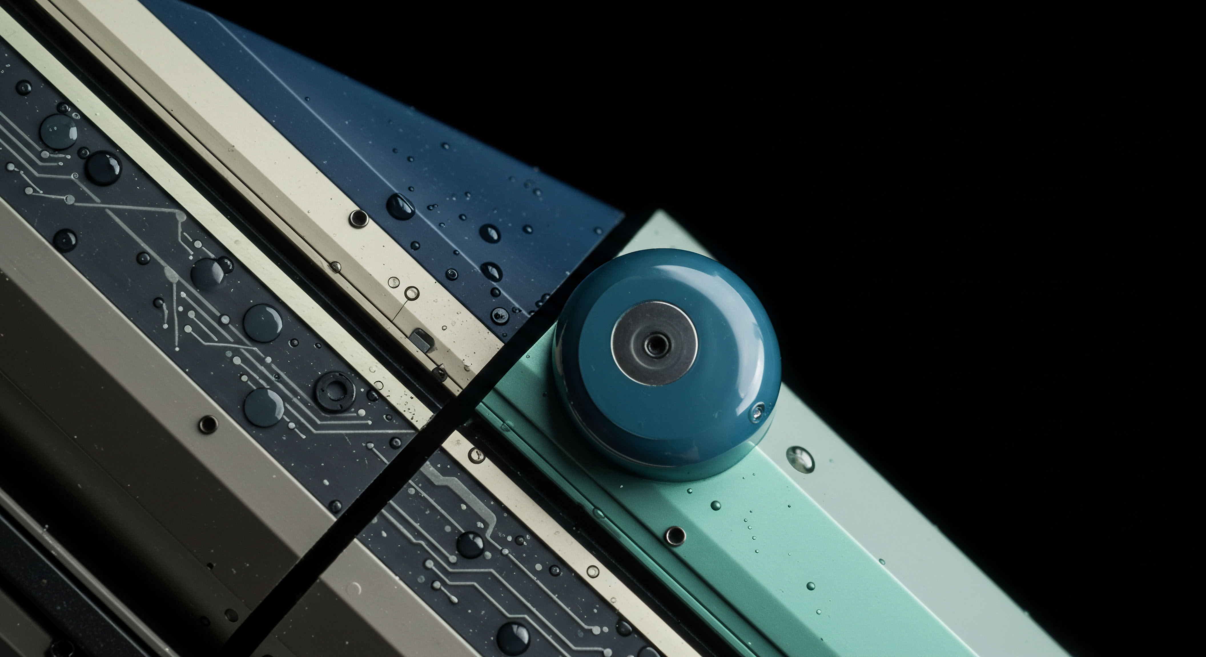 This abstract macro view depicts interconnected metallic strata overlaid with fine circuit traces suggesting blockchain architecture fidelity. Water droplets adhere to surfaces of varying cyan and deep indigo hues indicating environmental resistance or protective layers against extreme market volatility. The central turquoise dome functions conceptually as a risk management buffer or oracle mechanism safeguarding complex structured products like perpetual swaps and synthetic assets. This visualization embodies the resilience required for navigating high-frequency on-chain operations and maintaining execution integrity within opaque over the counter derivatives environments against sudden liquidity shocks. Key operational concepts include settlement finality cryptographic sealing and robust automated market maker AMM calibration supporting collateralized debt positions CDP structures.