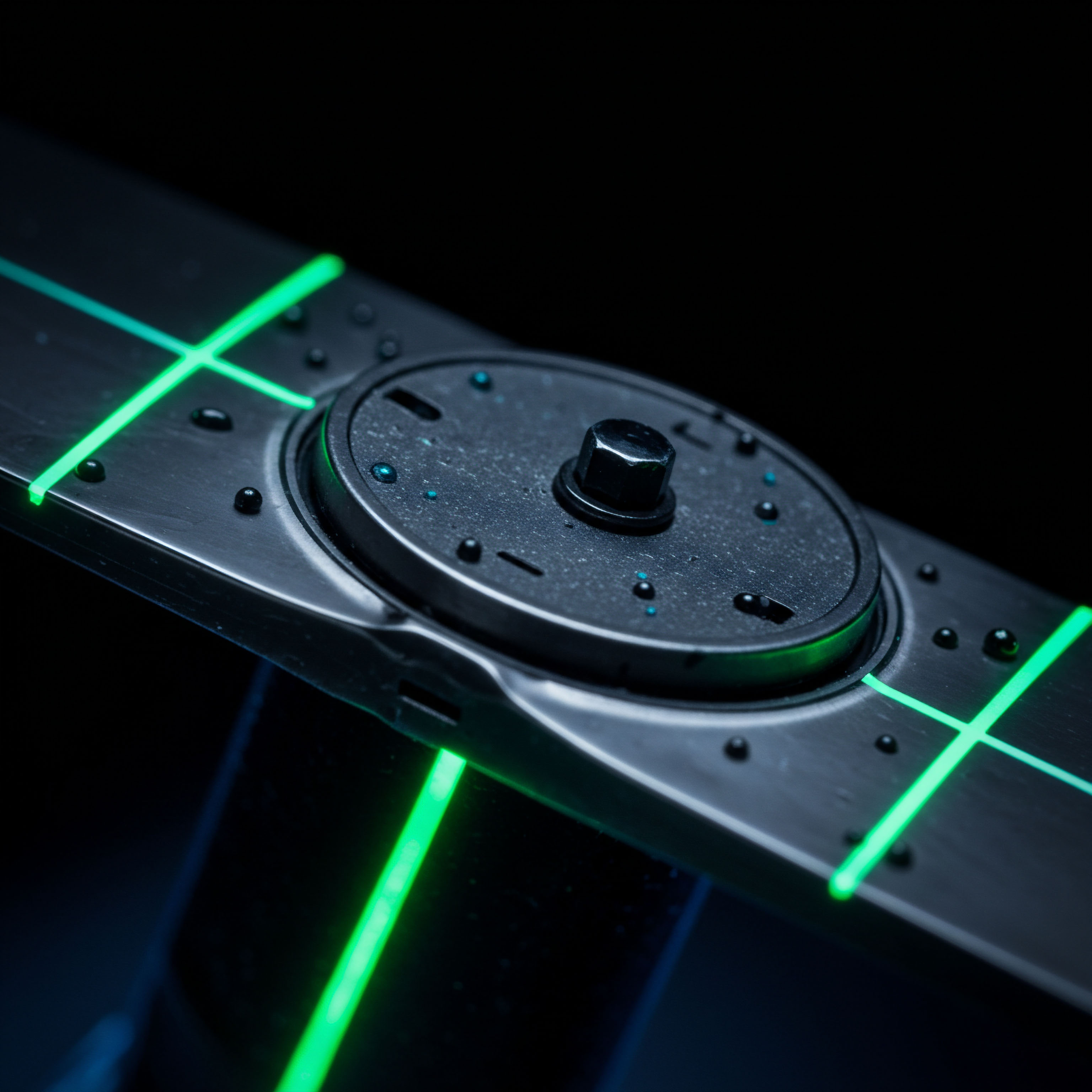 A macro shot captures a heavily textured, dark metallic surface bisected by sharp, vibrant neon green orthogonal laser guides, suggesting high-precision alignment or pathfinding within a complex system. Central to the composition is a recessed, grimy circular mechanism featuring a hex bolt anchor point surrounded by minute pinpricks of cyan light and small rivets, evocative of hardened cryptographic hardware or a secure key escrow. This visualization represents the rigid execution layer underpinning smart contract stability, specifically reflecting the deterministic settlement mechanics of complex perpetual swaps and zero-knowledge proofs essential for DAO treasury management. The green orthogonal lines symbolize perfect oracle synchronization or validated cross-chain atomic swaps, crucial for minimizing slippage in high-frequency futures trading against volatile digital assets where arbitrage opportunities vanish instantly.