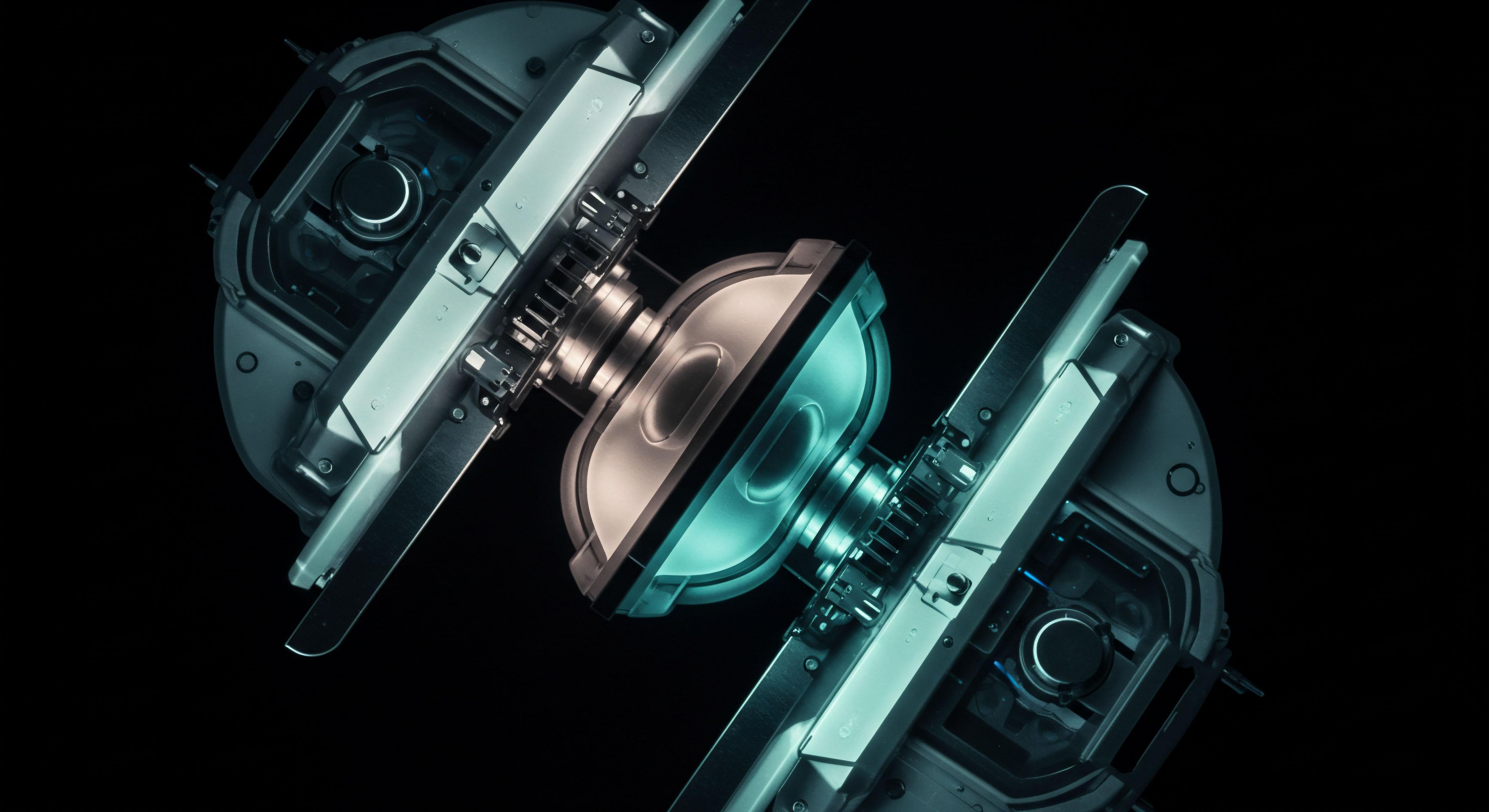 This visualization presents a symmetrical, cross-sectioned mechanical apparatus against absolute black, illuminated internally with contrasting neon cyan and warm beige luminescence. It conceptually models the complex interaction within a bifurcated liquidity pool mechanism vital for decentralized options protocol execution. The central, rounded components suggest a core settlement layer, perhaps representing a mechanism for automated market maker arbitrage between mirrored synthetic assets or a novel structure for two-sided collateralization. The surrounding metallic structures imply robust, secure smart contract architecture safeguarding underlying digital assets and facilitating efficient derivative pricing across disparate trading venues. This structure embodies the intricate mechanics of non-custodial settlement for complex yield generation strategies within the evolving DeFi ecosystem.