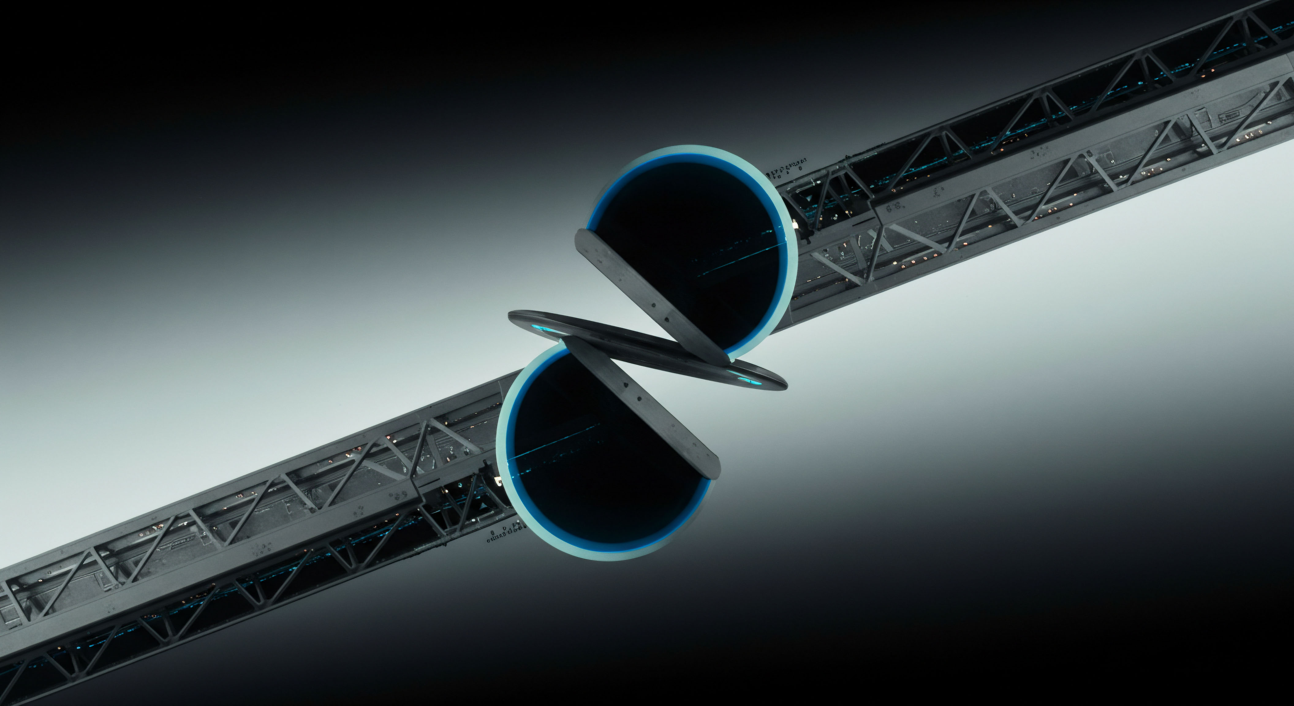 Symmetrical, dark voids framed by glowing cyan borders intersect along a central axis, flanked by diagonally oriented metallic truss structures receding into gradients of light and shadow. This visual metaphor represents the delicate balancing act of collateralization ratios within exotic decentralized exchange structures. The converging dark ellipses suggest potential liquidity traps or opaque oracle feeds impacting smart contract execution. Key concepts include collateralized debt positions non-fungible token integration margin call thresholds and cross-chain atomic swaps execution latency. The geometry evokes the systemic risk inherent in leveraged synthetic asset replication and delta hedging strategies across uncorrelated digital asset pools.