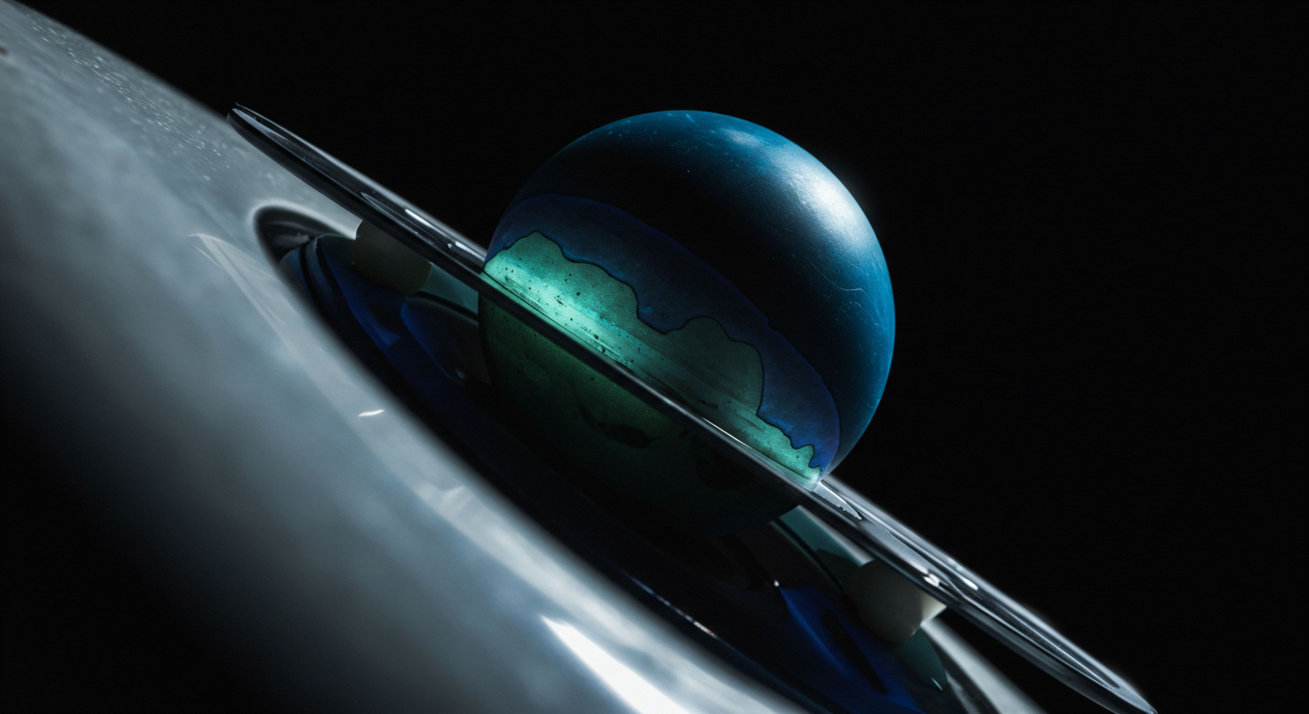 A highly stylized, dark render depicts a luminous blue and teal sphere partially obscured by an encompassing, polished metallic structure, suggesting gravitational lensing or accretion. This visual metaphor represents a foundational DeFi protocol token interacting with concentrated liquidity provision within an Automated Market Maker or a complex yield farming strategy. The intense contrast evokes market volatility where spot price discovery navigates deep in the money or out of the money options contract boundaries. The ethereal green layer suggests network consensus or transaction throughput stability amidst potential flash loan arbitrage opportunities. This visualization encapsulates the delicate equilibrium between tokenomics, underlying collateralization ratios, and perpetual futures settlement mechanics in decentralized finance ecosystems.