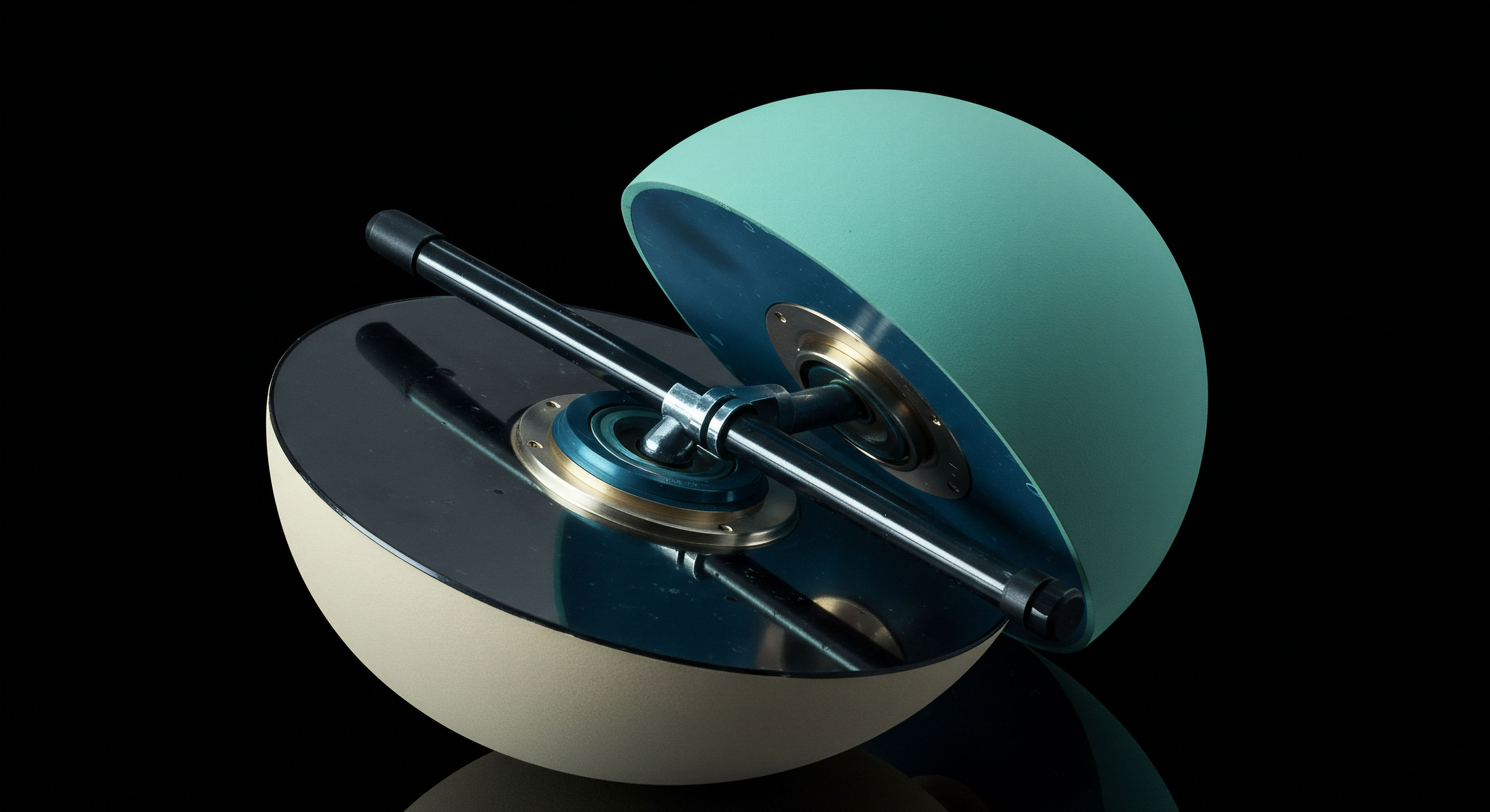 This visual dissection presents a halved, matte-teal and cream bi-hemisphere encapsulating a complex internal mechanism featuring polished metallic surfaces and brass-toned bearings supporting a central, dual-axis rod assembly. The juxtaposition suggests the latent structure beneath a financial instrument wrapper, perhaps symbolizing the separation of intrinsic value from extrinsic option premium or the complex mechanics of off-chain collateralization within decentralized finance DeFi. The precision engineering mirrors the rigorous quantitative analysis required for accurate options pricing models like Black Scholes adapted for volatile crypto assets, reflecting concepts of strike price definition and volatility surface mapping crucial for sophisticated derivative payoff structures, far beyond simple spot trading.