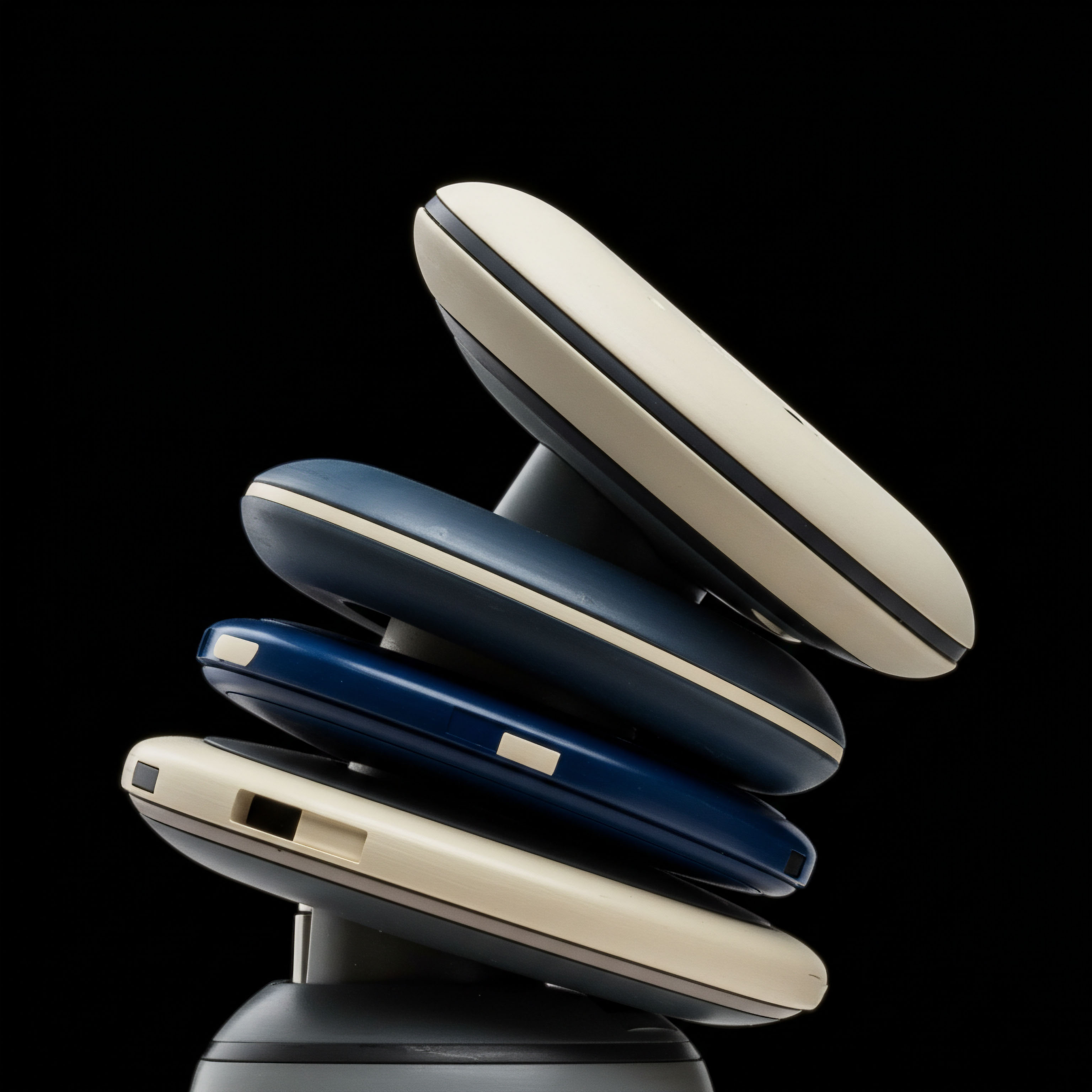 A vertical stack of streamlined electronic devices, resembling hardware security modules or perhaps early mobile phone form factors, in alternating cream and deep indigo hues, suggests stratified reserve management. This visual configuration embodies the concept of nested security layers crucial for safeguarding decentralized finance assets. The slight incline implies dynamic market positioning or the pressure inherent in maintaining margin requirements across multiple tranches of digital collateral. Key operational paradigms like non-custodial settlement, cryptographic key rotation, and immutable ledger auditing are subtly referenced by this ordered accumulation. The devices underscore the physical manifestation of digital asset access rights and the imperative for secure key ceremony protocols amidst fluctuating spot prices and embedded derivative risk exposure.