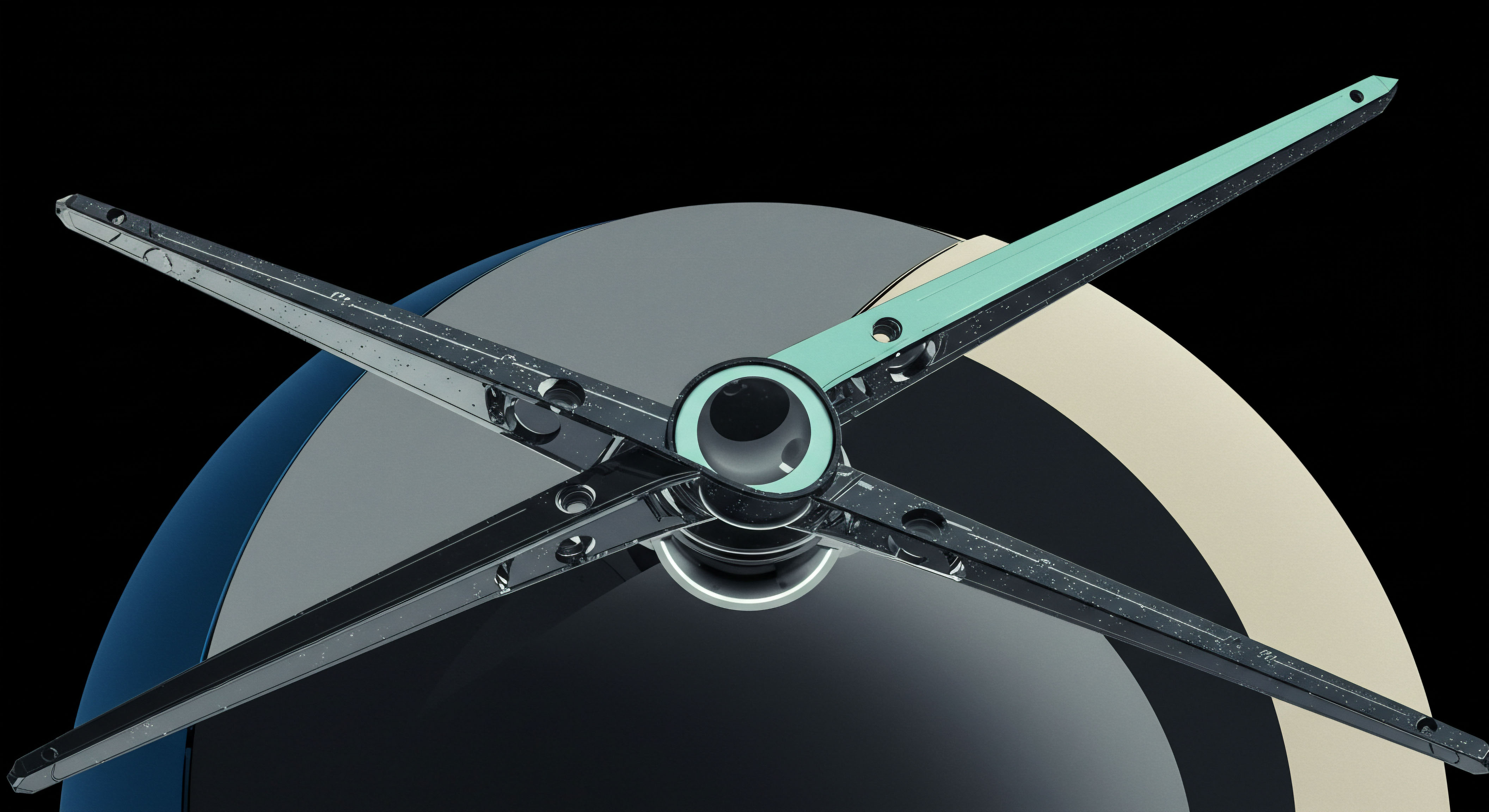 This abstract visualization presents intersecting metallic arms radiating from a central nodal point suggesting high-frequency trading mechanisms against layered, curved planar surfaces representing asset valuation strata. The structure evokes complex derivative construction within decentralized autonomous organizations. Key elements reference option Greeks analysis through mechanical representation of extrinsic value decay and intrinsic payoff matrices. Specific structural features model dynamic hedging strategies across volatile spot pricing environments, perhaps symbolizing the intersection of perpetual futures contracts and underlying collateralized debt positions inherent in DeFi yield generation protocols. This framework implies algorithmic execution of delta hedging against non-linear volatility exposure in nascent digital asset markets.
